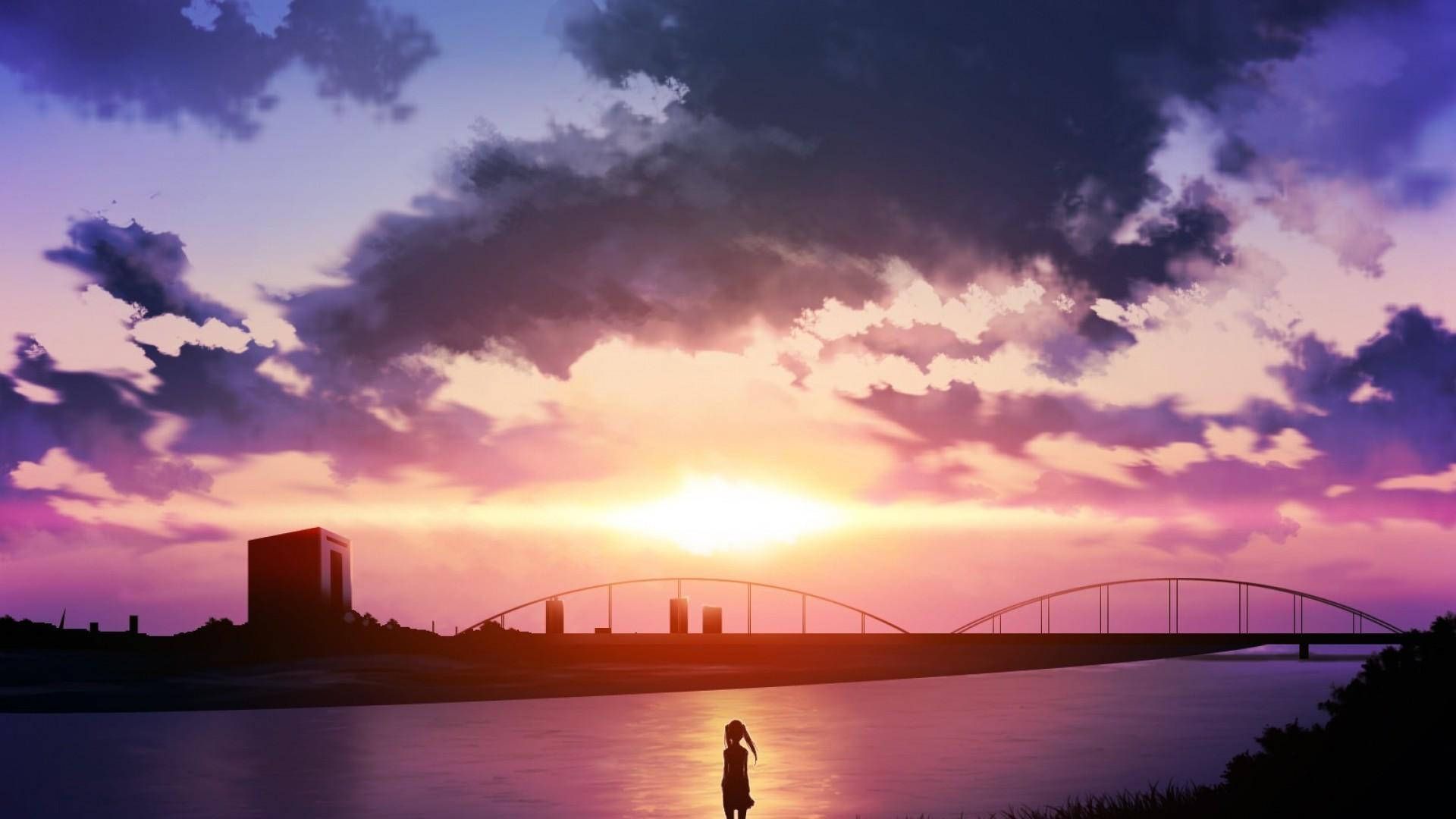 A person standing on the shore of an ocean at sunset - Anime sunset