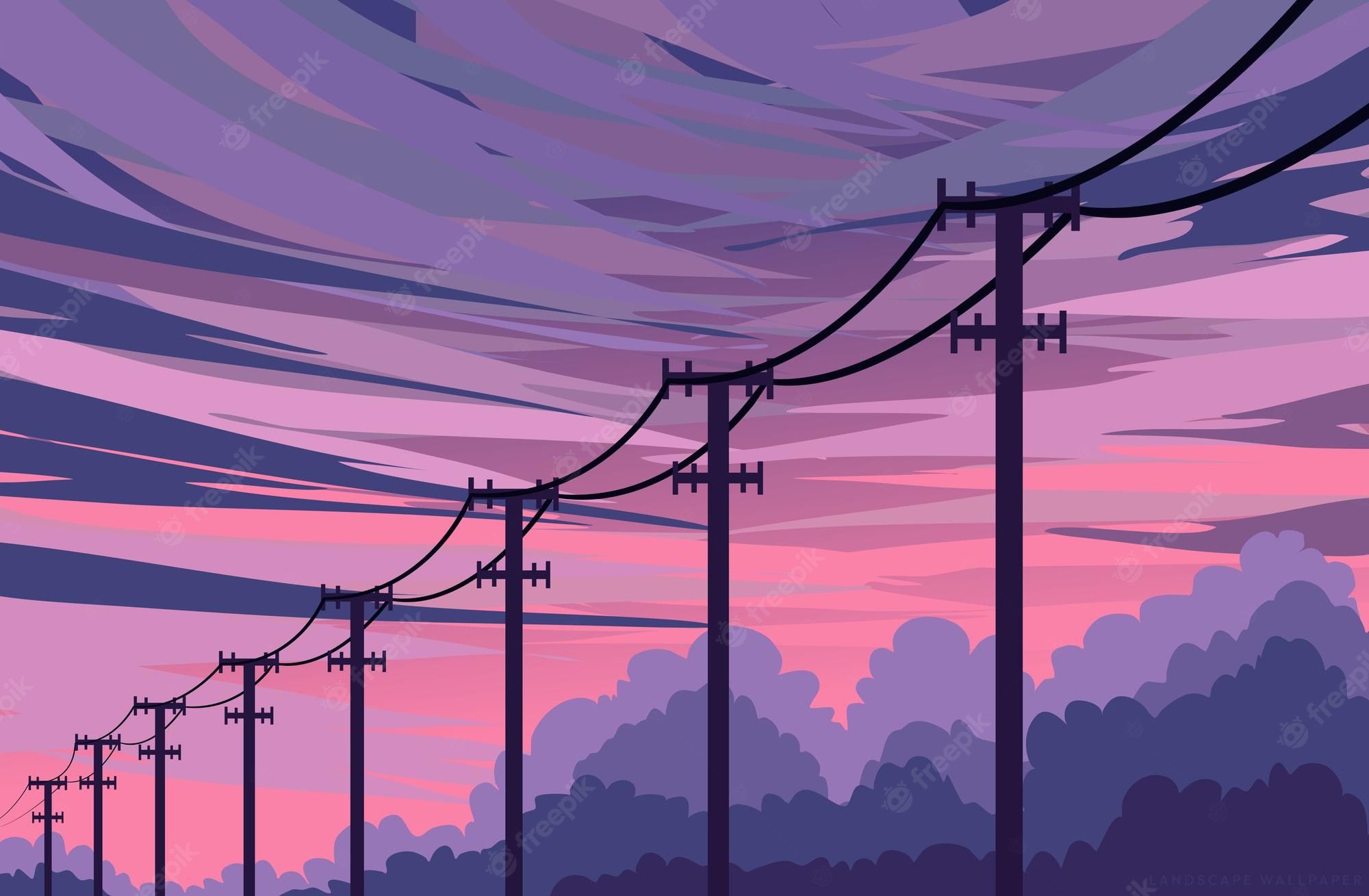 An illustration of power lines in front of a pink and purple sky - Anime sunset