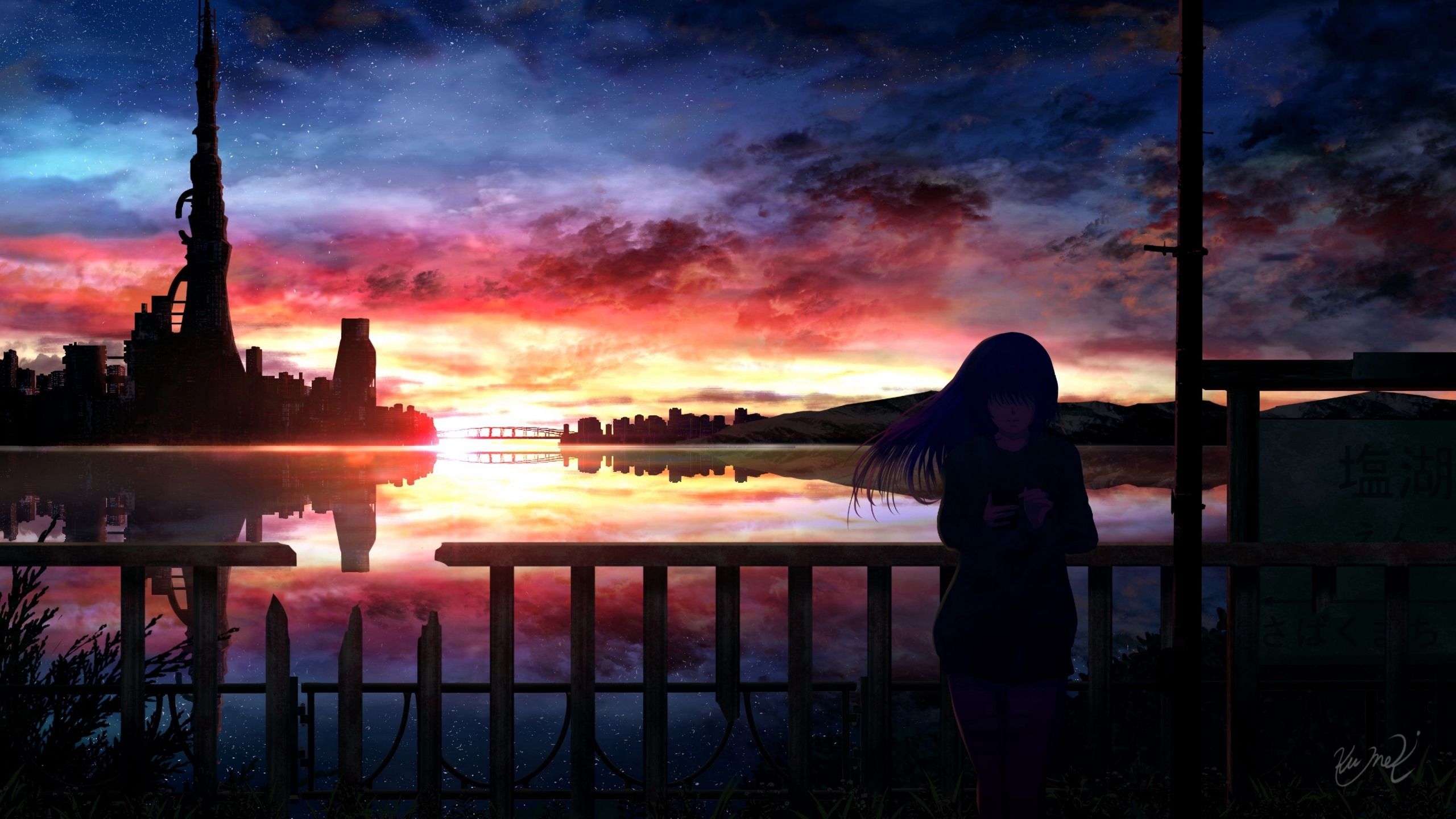 A beautiful sunset over a city, with a girl standing on a dock looking out at the water. - Anime sunset
