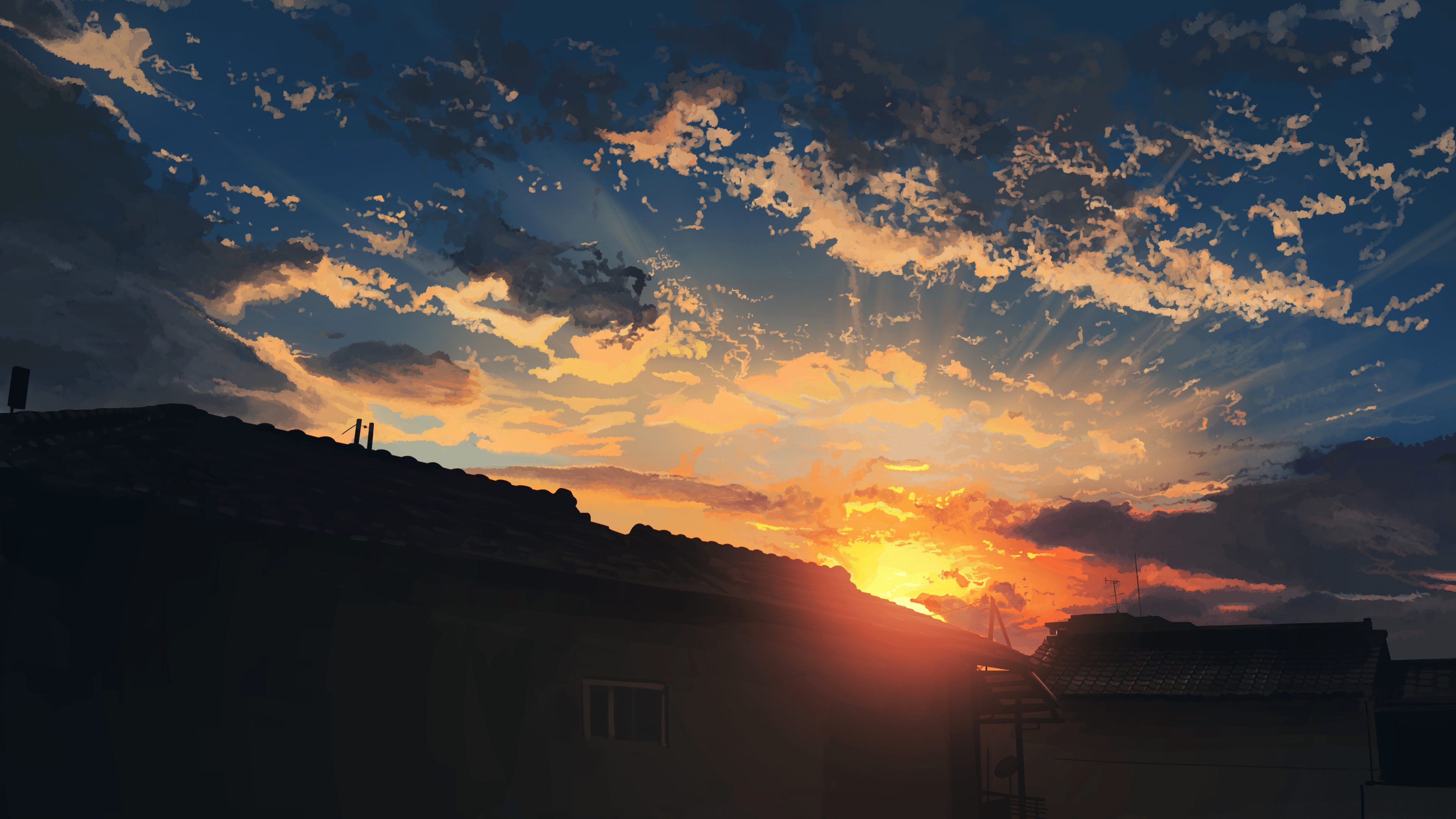 A digital painting of a sunset over a city with a blue and orange sky. - Anime sunset