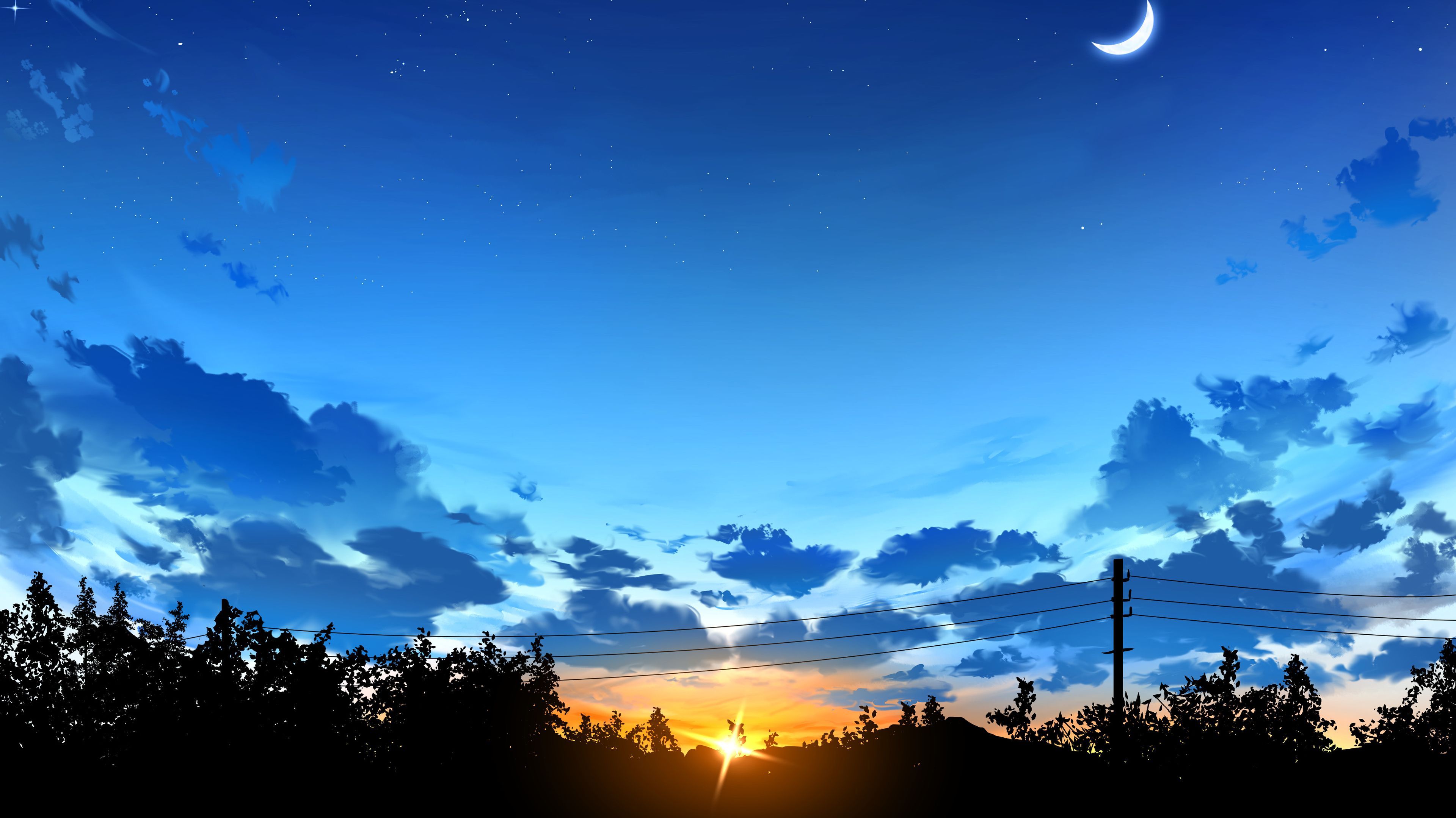 Anime Sunset Trees Forest Blue Sky Moon 4K HD Anime Wallpaper