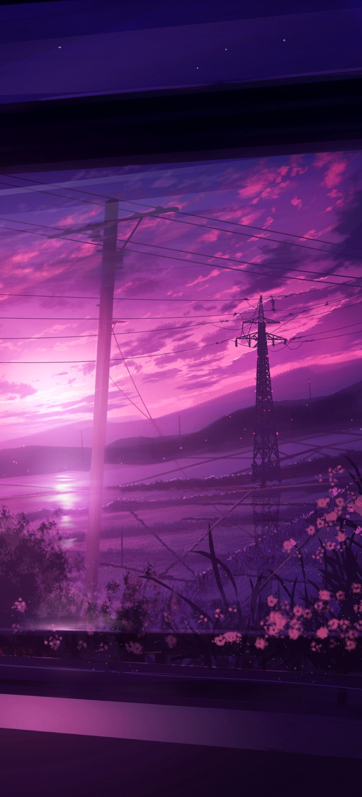 Aesthetic anime wallpaper phone background of a sunset over a power line - Anime sunset