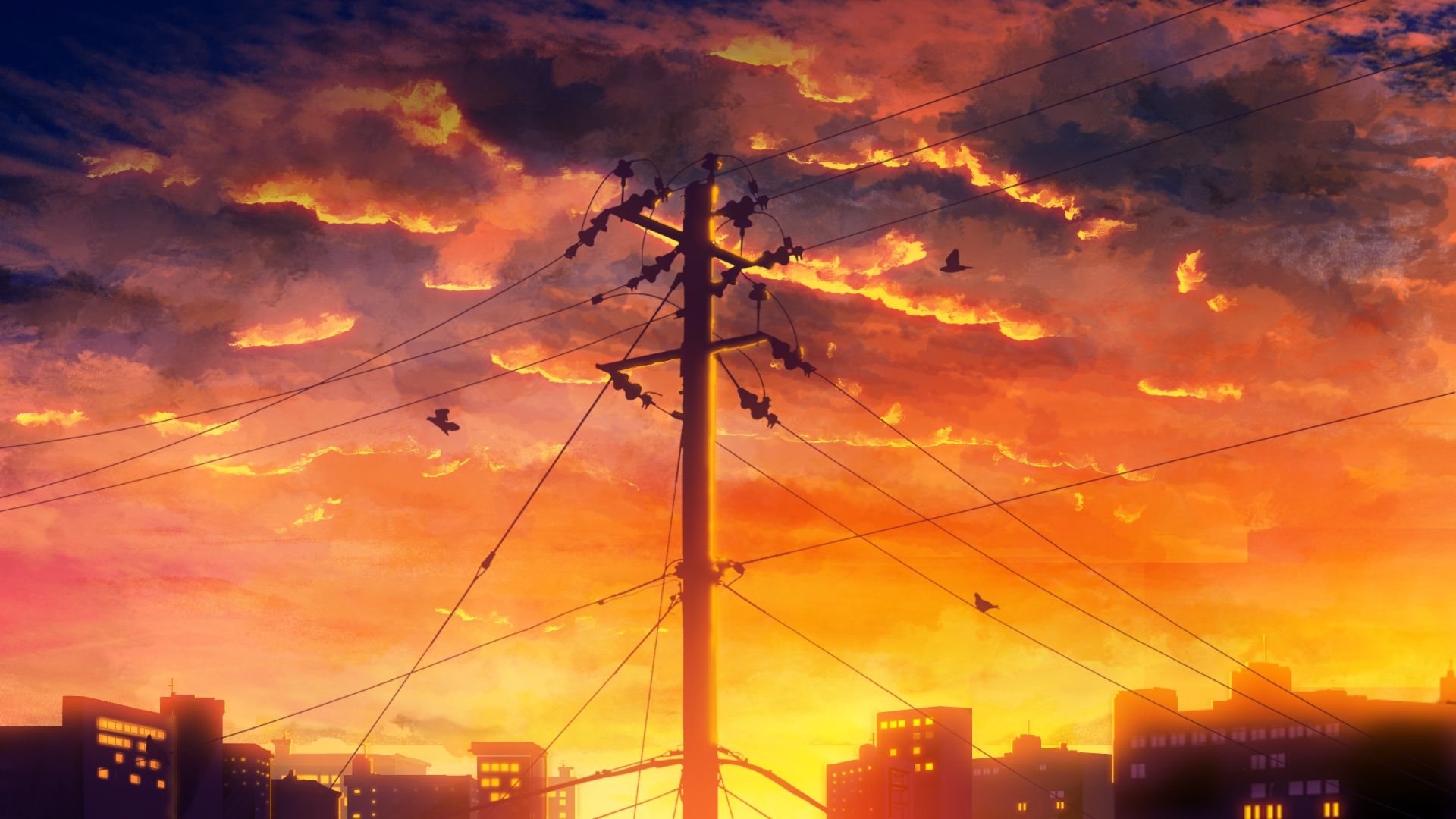 Download 1280x720 Anime Sunset, Landscape, Birds, Clouds Wallpaper