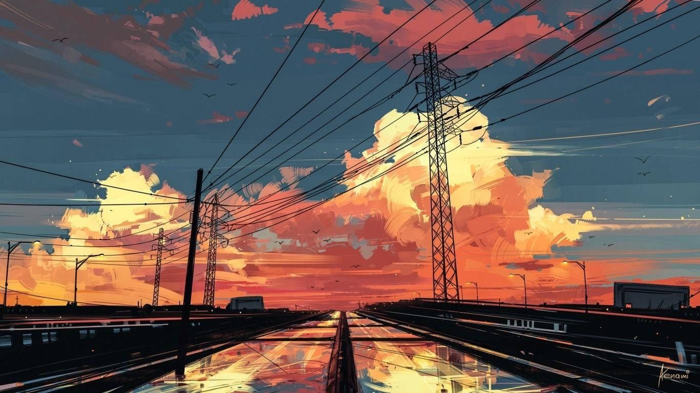 A painting of a train track with a sunset in the background - Anime sunset