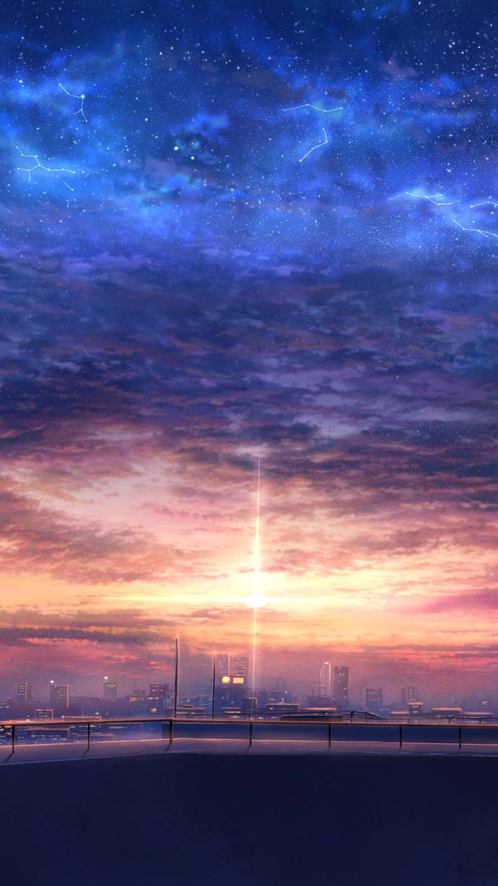 Anime wallpaper with a city skyline and stars - Anime sunset