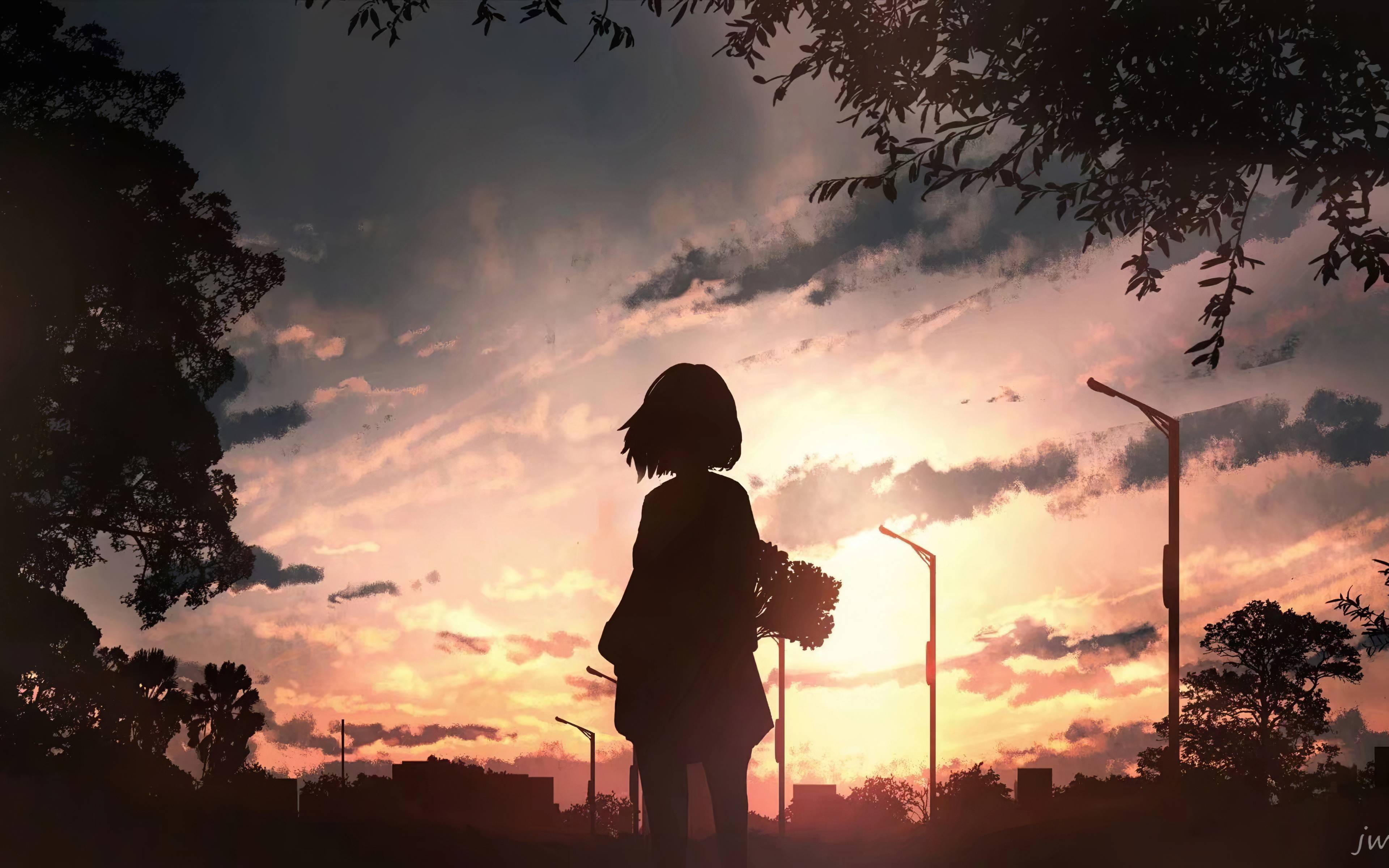 A girl standing in the dark at sunset - Anime sunset