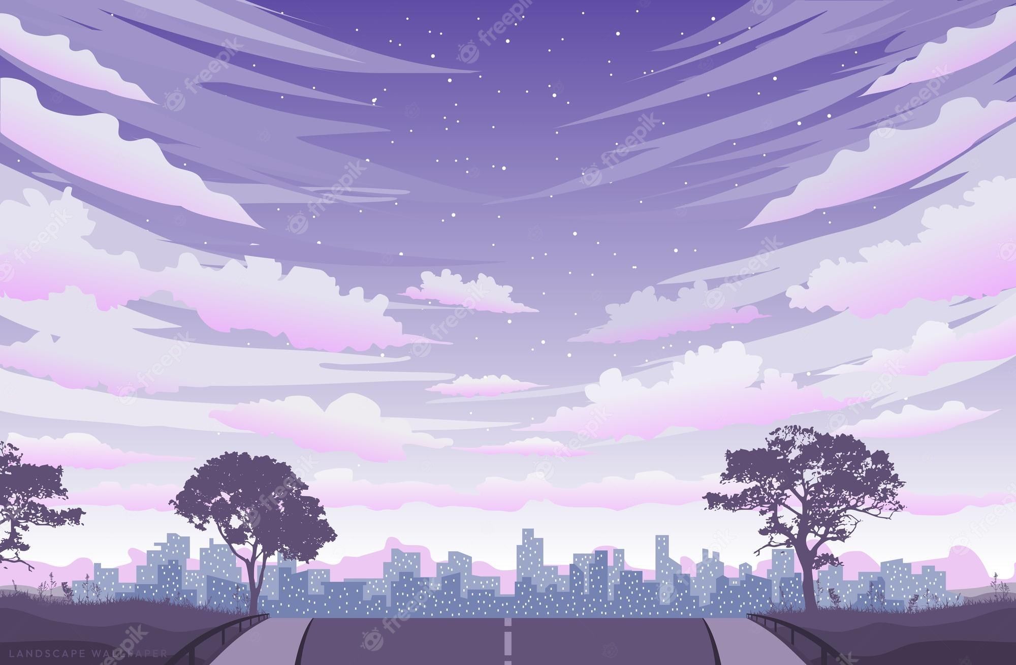 A road in the city with trees and sky - Anime sunset