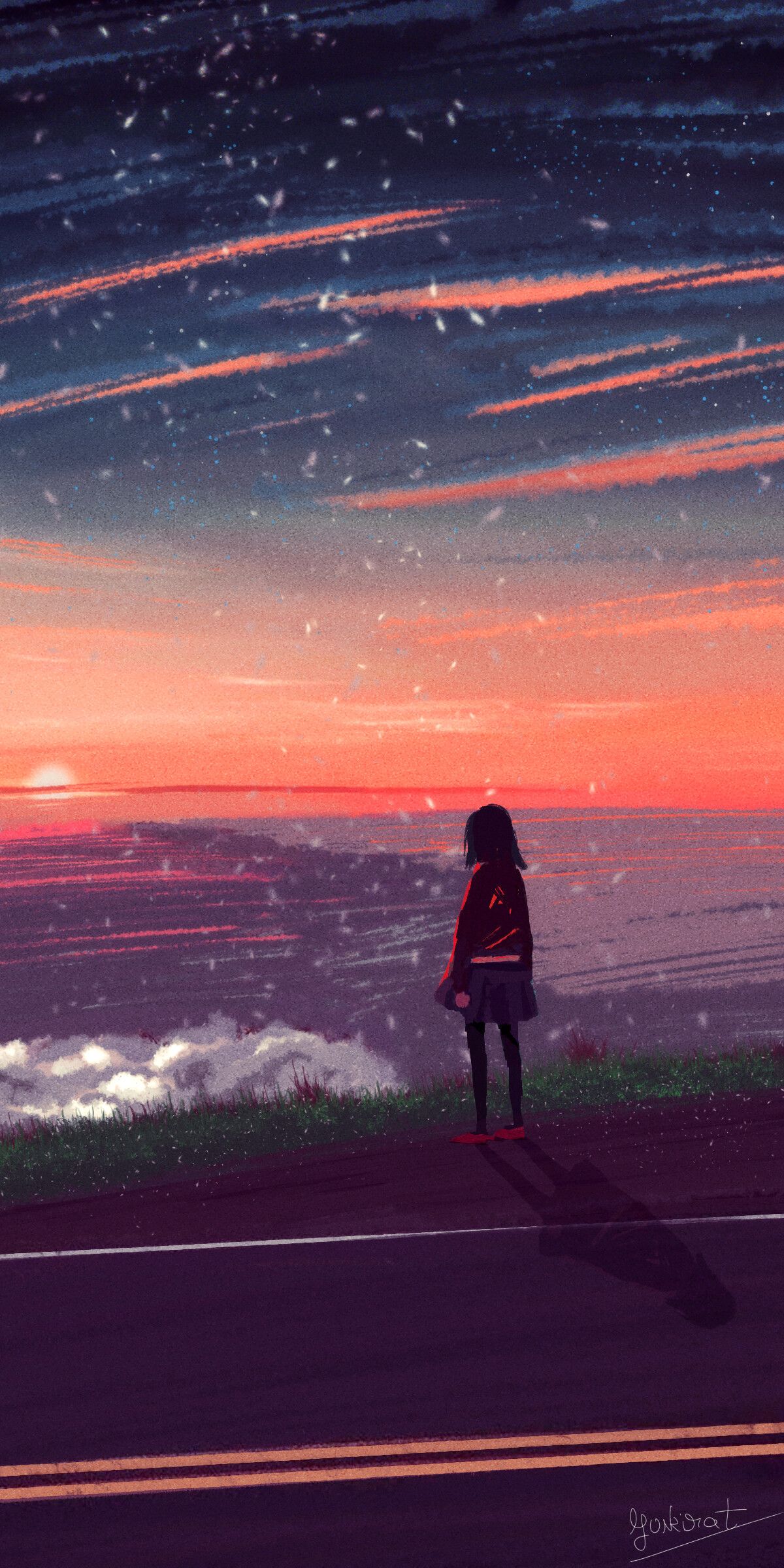 A person standing on the side of road - Anime sunset