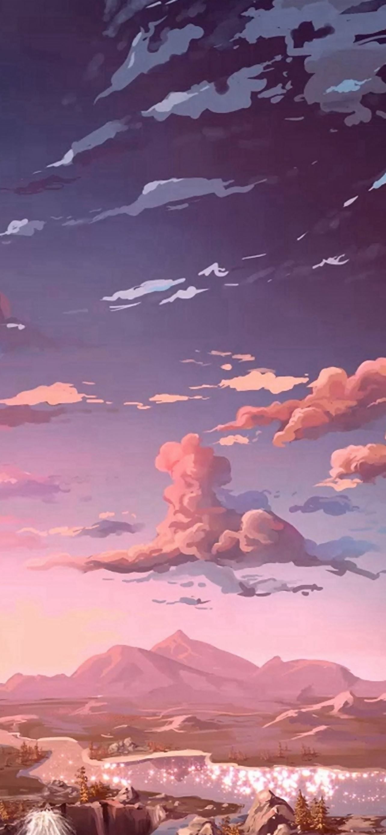 Aesthetic wallpaper for phone of a pink sunset over a mountain range - Anime sunset