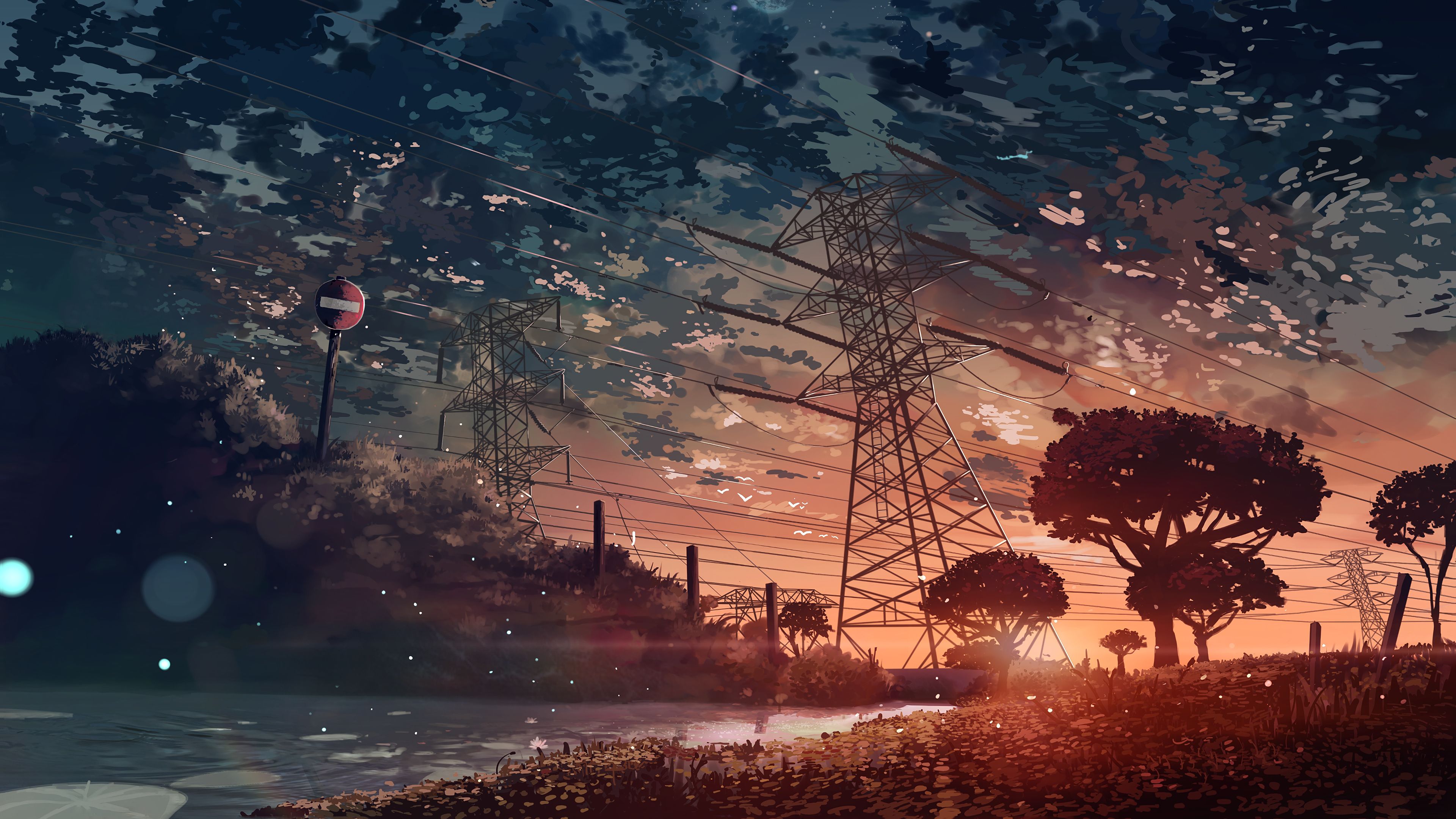 A painting of trees and water with the sun setting - Anime sunset, anime landscape