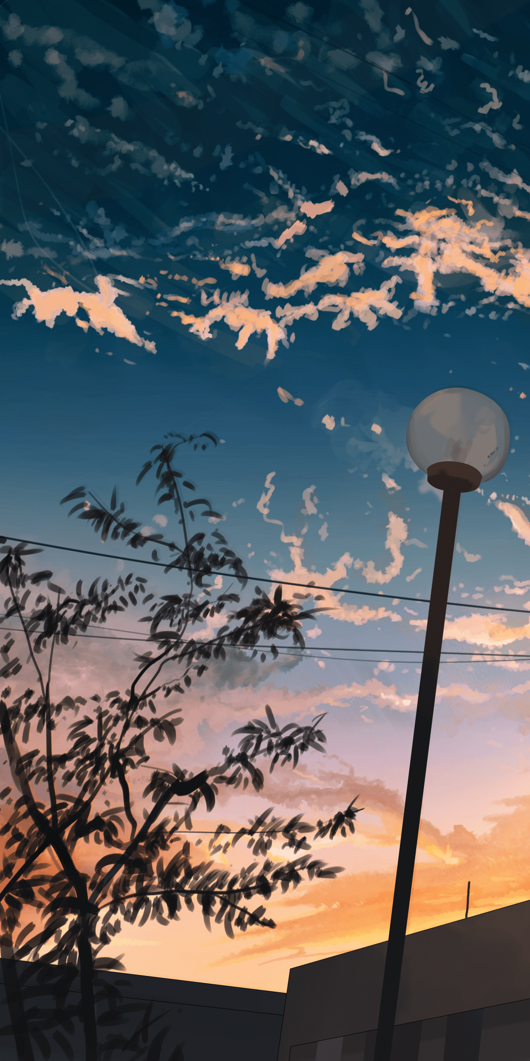 An anime style image of a street lamp at sunset - Anime sunset
