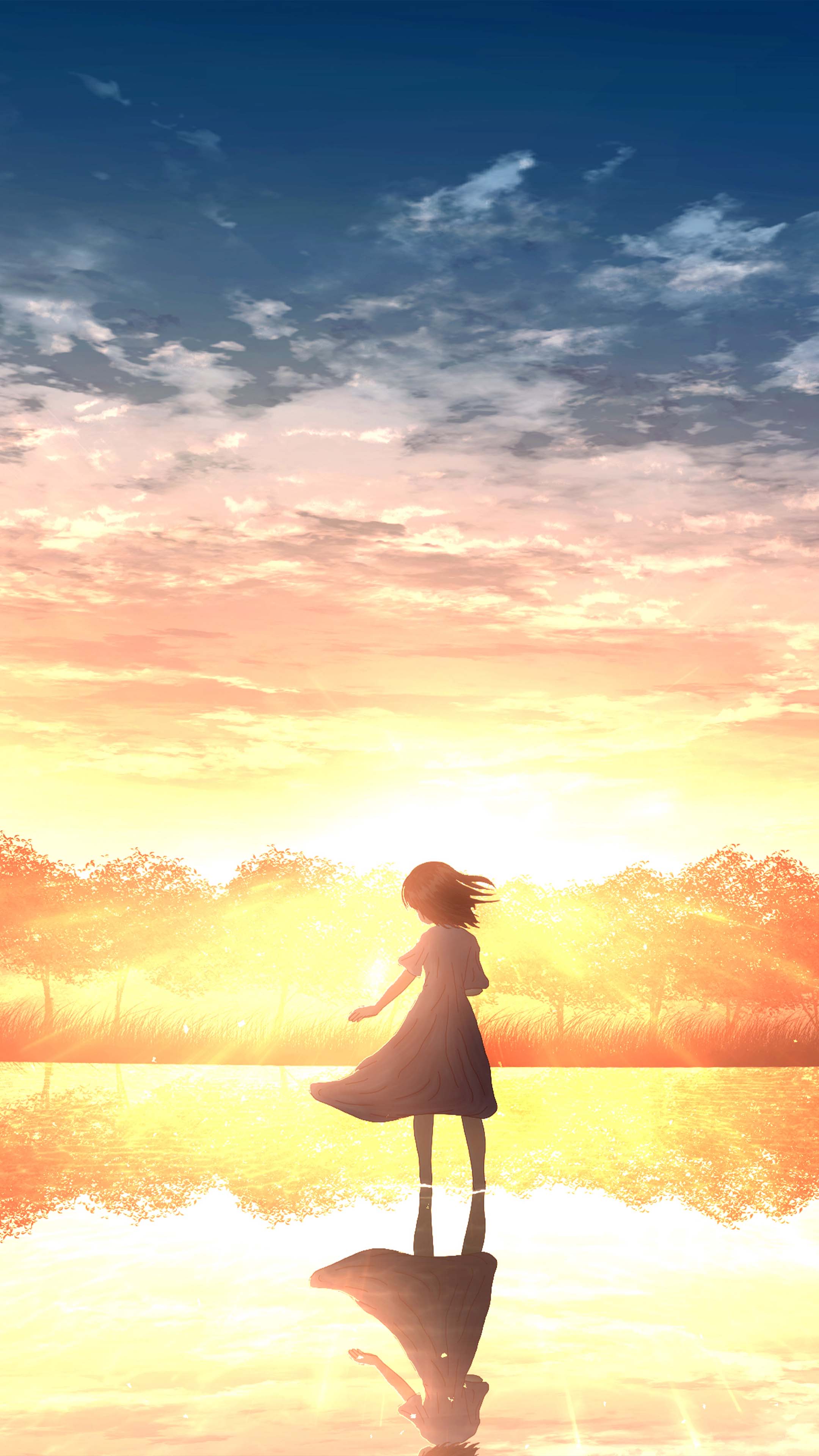 A woman standing in the water at sunset - Anime sunset