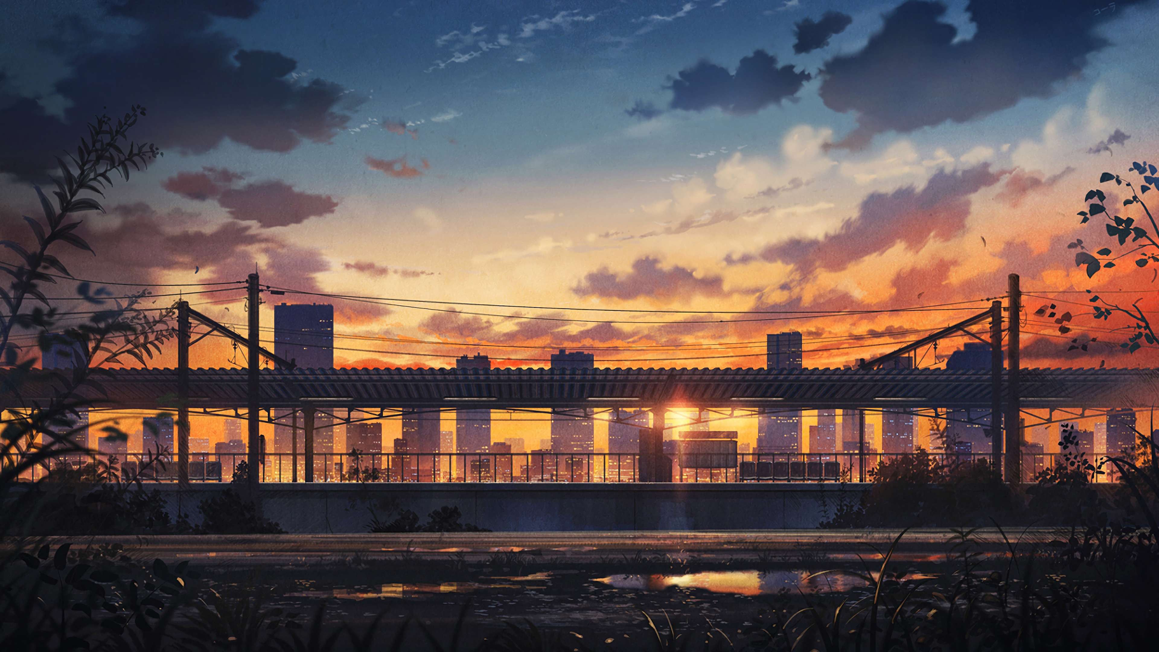 Aesthetic anime scenery wallpaper with a train station in the sunset - Anime sunset