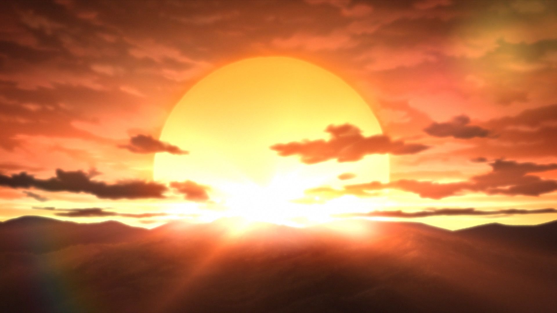 A sun setting behind a mountain range - Anime sunset