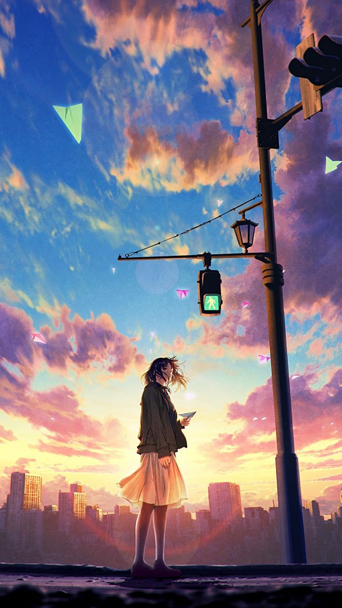 Anime girl looking at the sky - Anime sunset