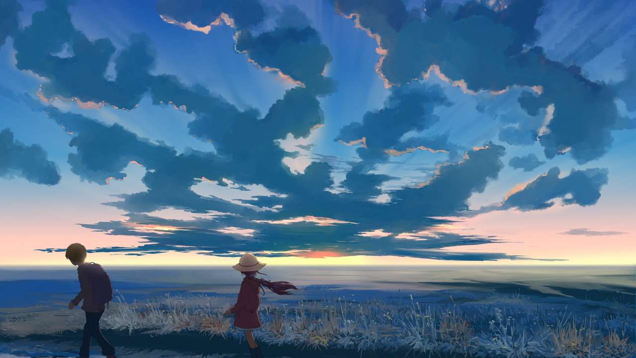 A couple walking on the beach with clouds in background - Anime sunset