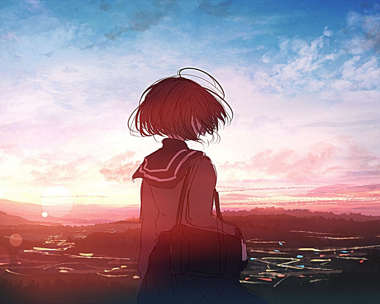 A girl standing on top of the hill - Anime sunset, 1280x1024