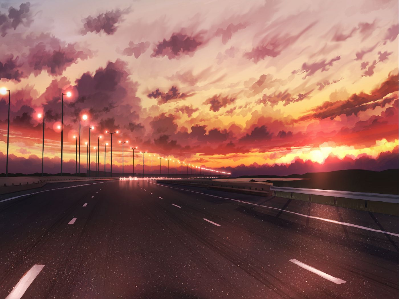 An artistic painting of a road at sunset - Anime sunset