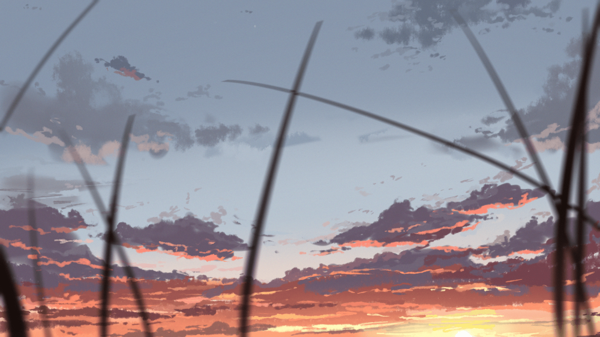 A digital painting of a sunset with a grass silhouette in the foreground. - Anime sunset