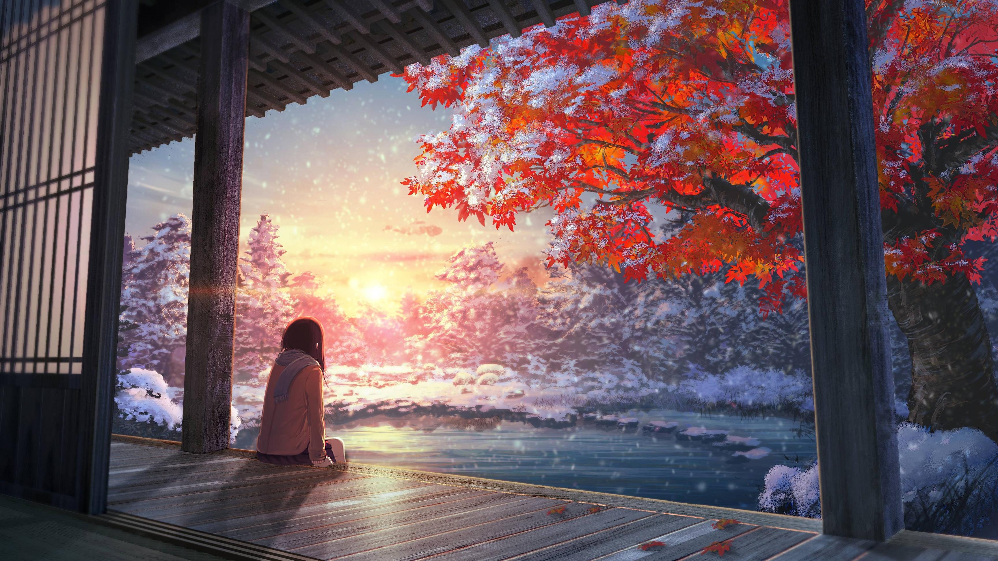 A woman sitting on the floor looking out at some trees - Anime sunset