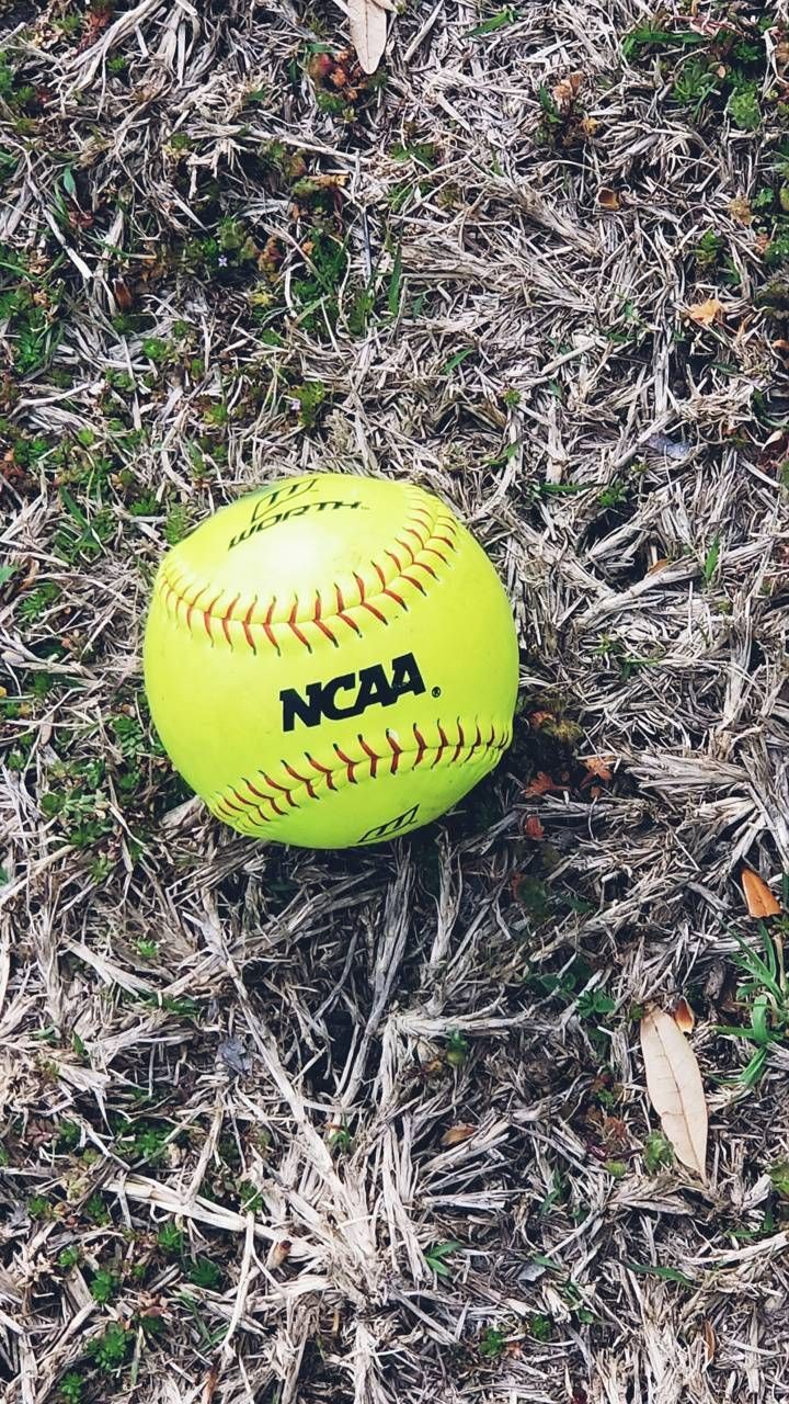 A yellow softball sitting on top of some grass - Softball