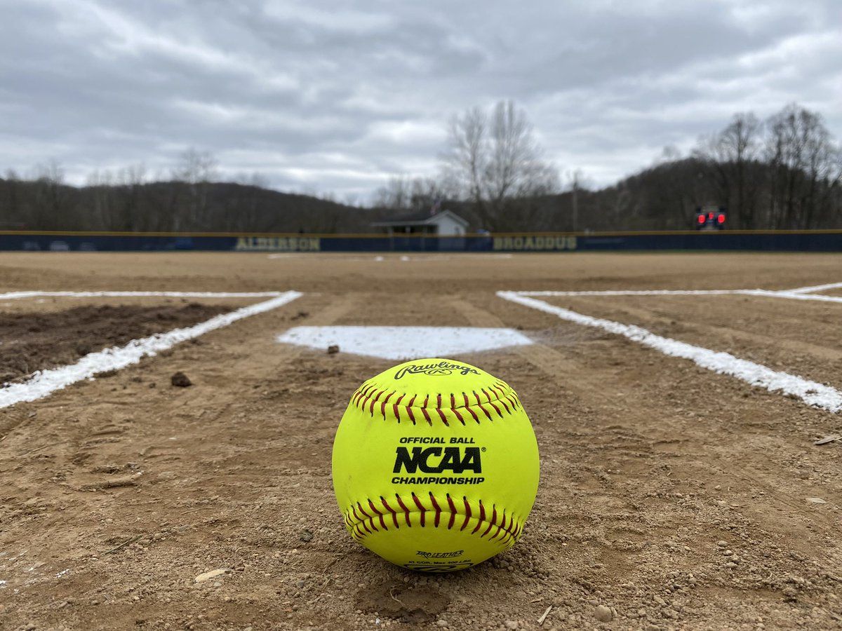 A softball sitting on the field in front of some trees - Softball