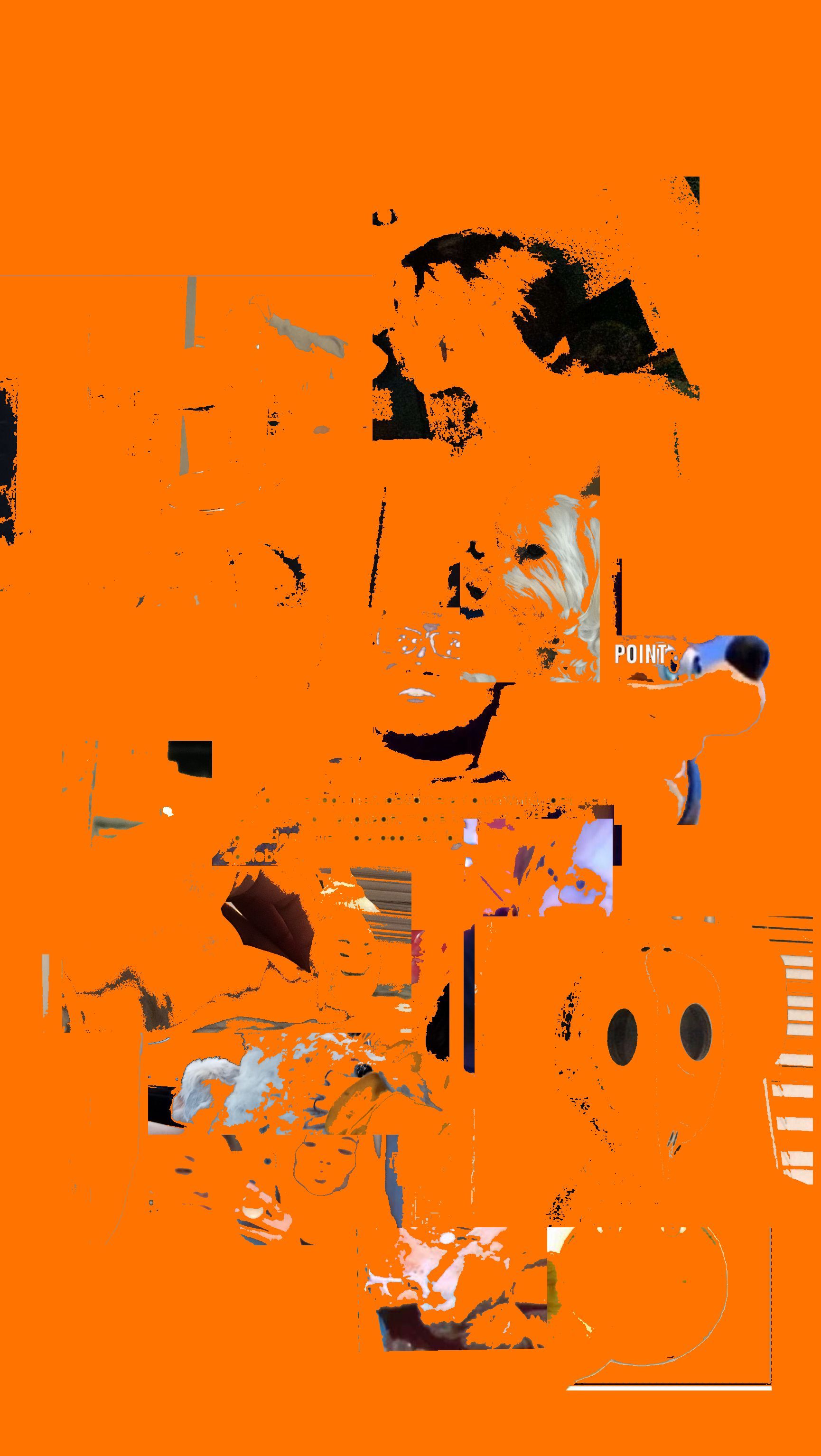 A digital artwork with a bright orange background and a collage of various shapes and lines. - Orange, grunge