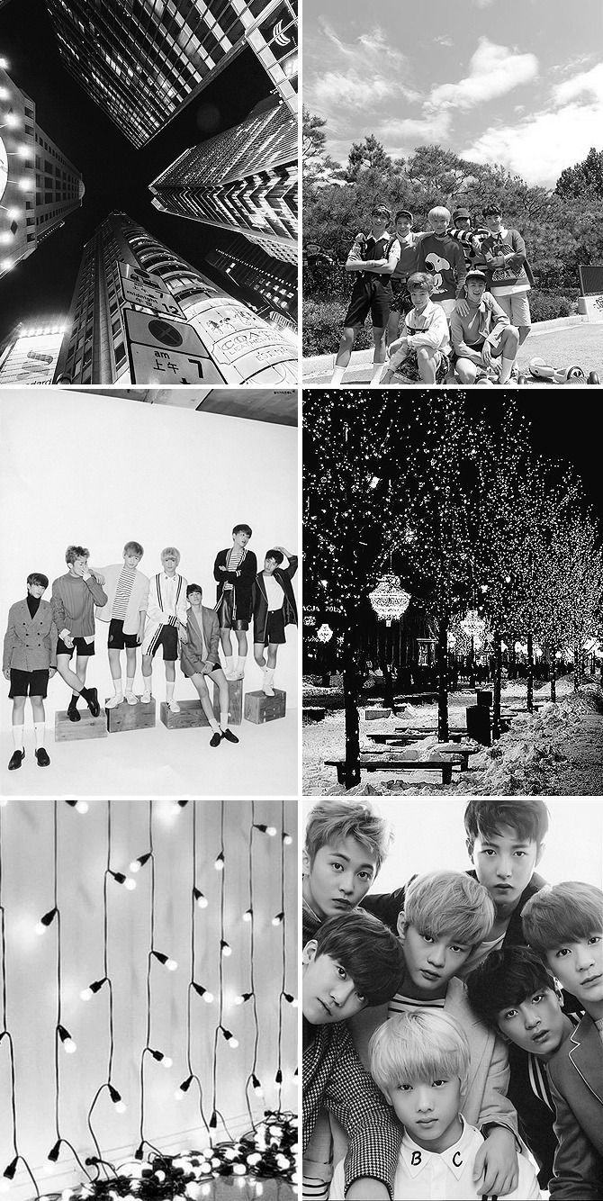 A collage of black and white photos of BTS members through the years. - NCT