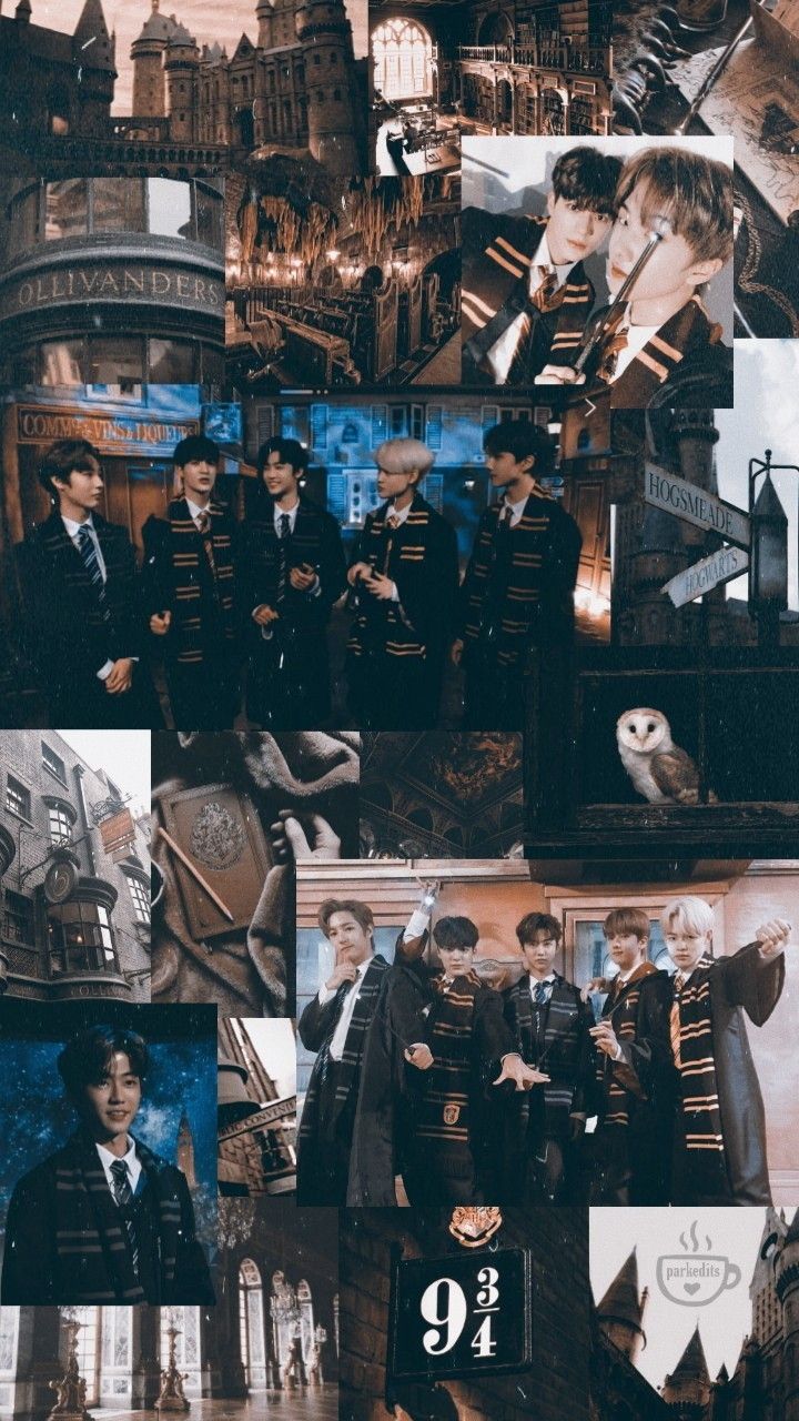 Harry Potter aesthetic wallpaper with images of Hogwarts, the Philosopher's Stone, and the Sorting Hat - NCT