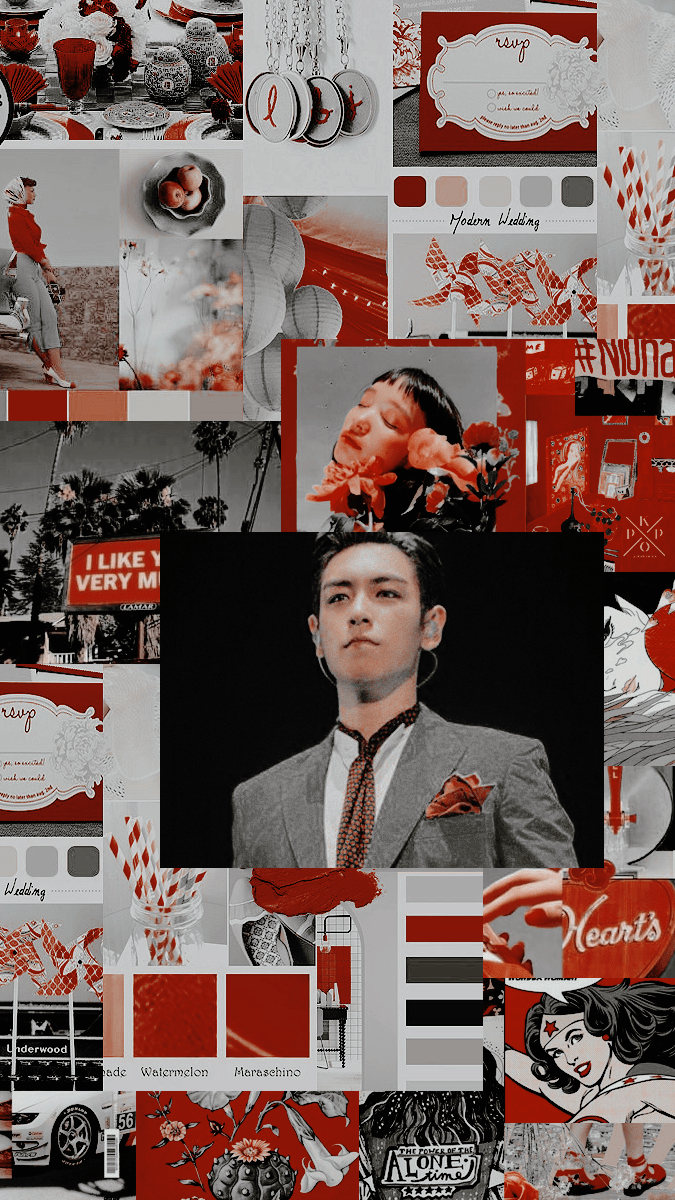 A collage of red and black aesthetic images including photos of a man, a car, and a red rose. - NCT