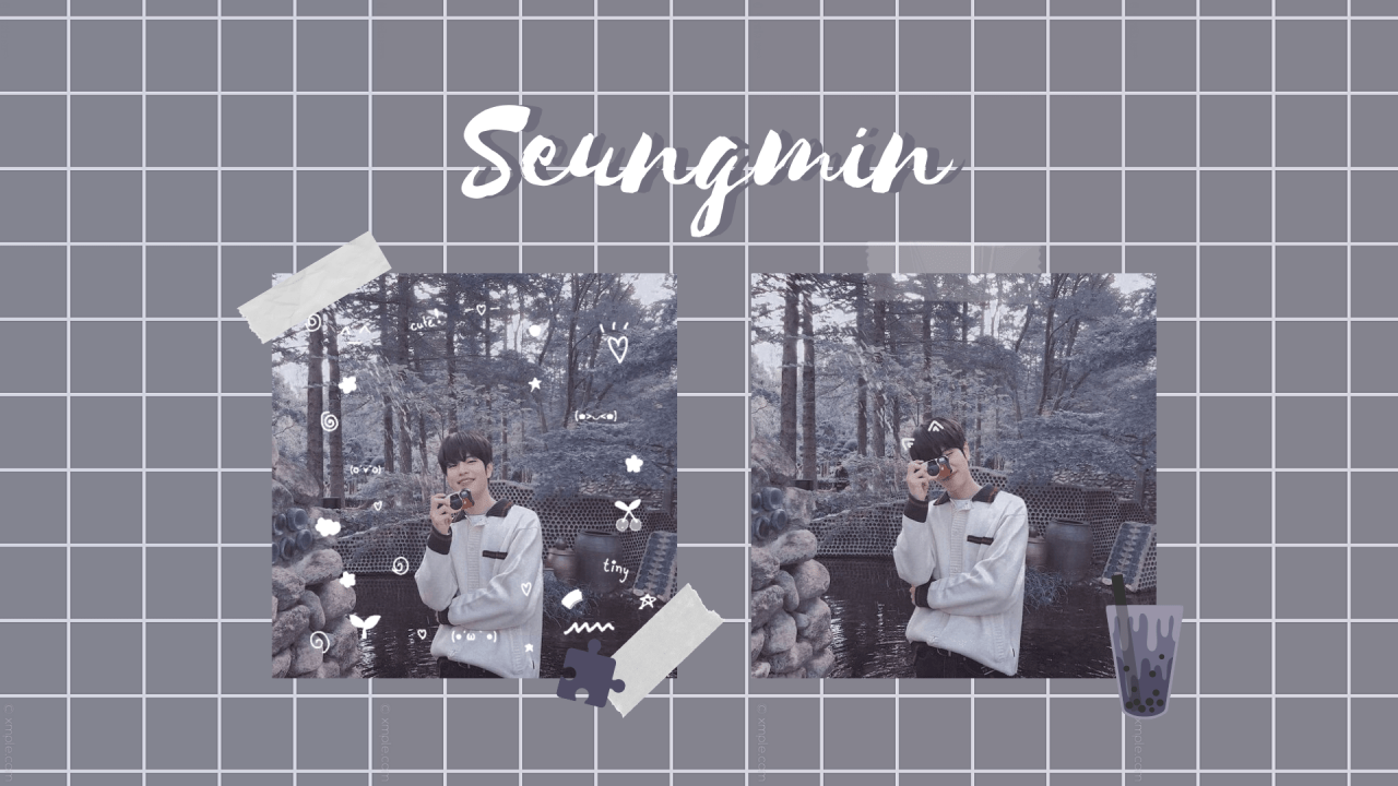 2 photos of SEUNGMIN from NCT 127 in a forest, with puzzle pieces and a grey grid background - NCT