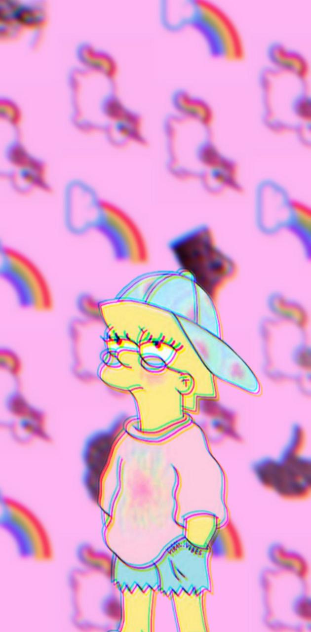 A cartoon character is standing in front of rainbow colored background - Lisa Simpson