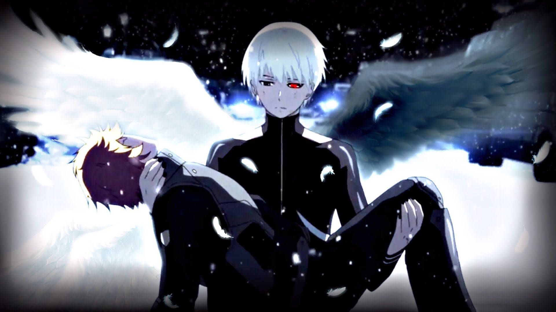 A man with white wings and black hair is holding another person - Tokyo Ghoul