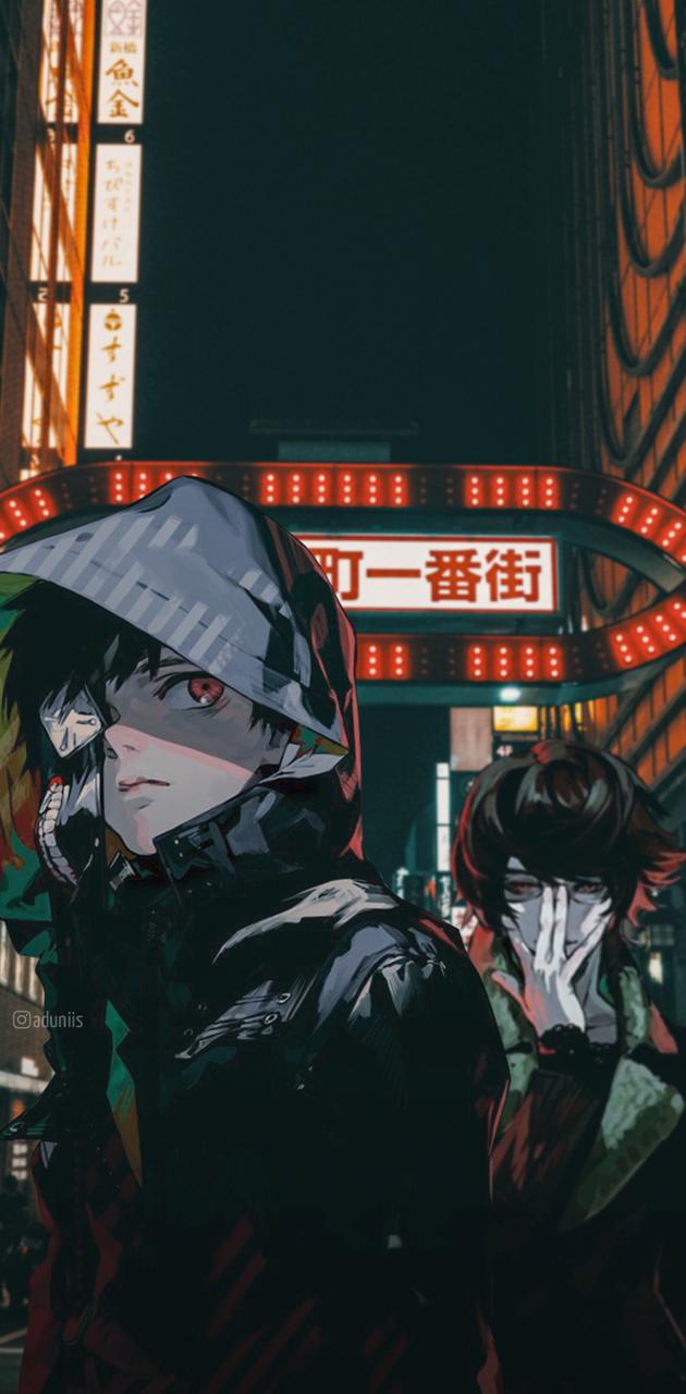 Aesthetic anime image with two anime characters in a Tokyo street at night. - Tokyo Ghoul