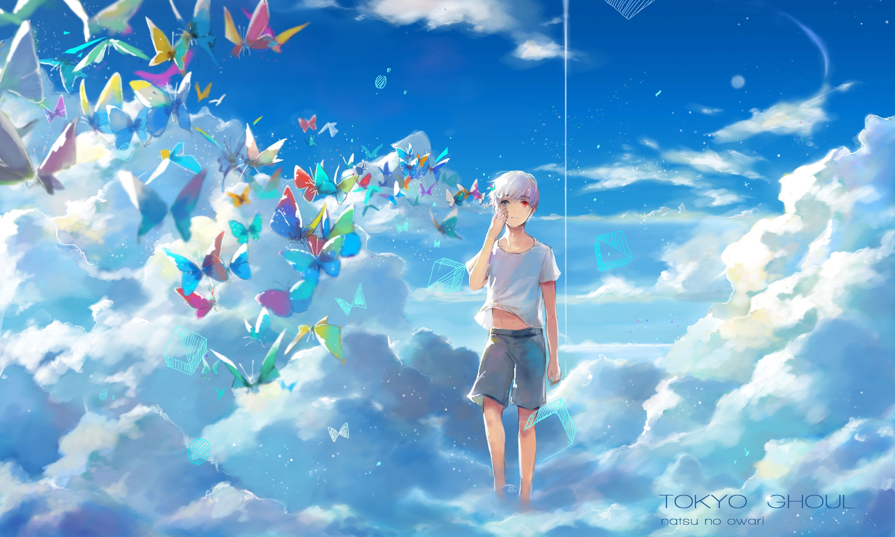 A man standing in the clouds with many birds flying around him - Tokyo Ghoul