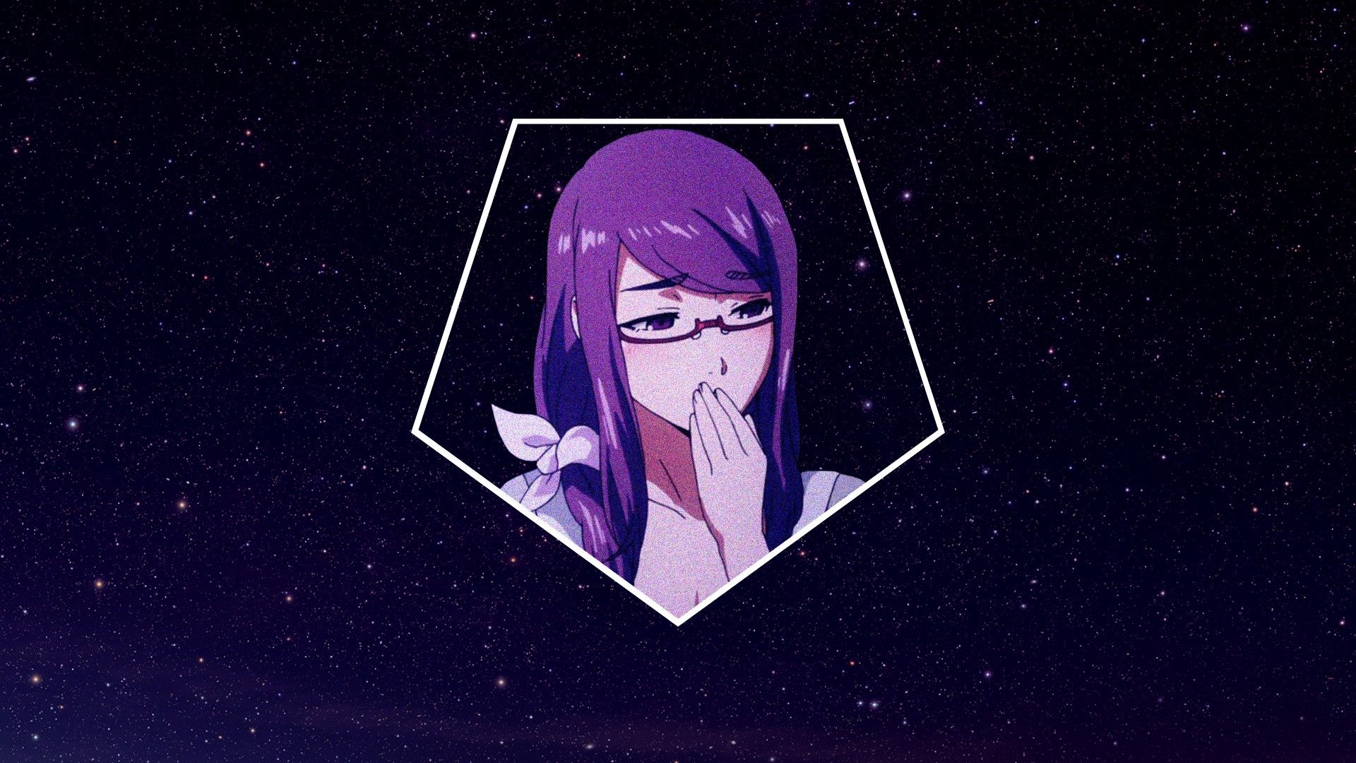 A purple-haired girl from the anime series 'Jujutsu Kaisen' with her hands over her mouth, standing in front of a starry background - Tokyo Ghoul