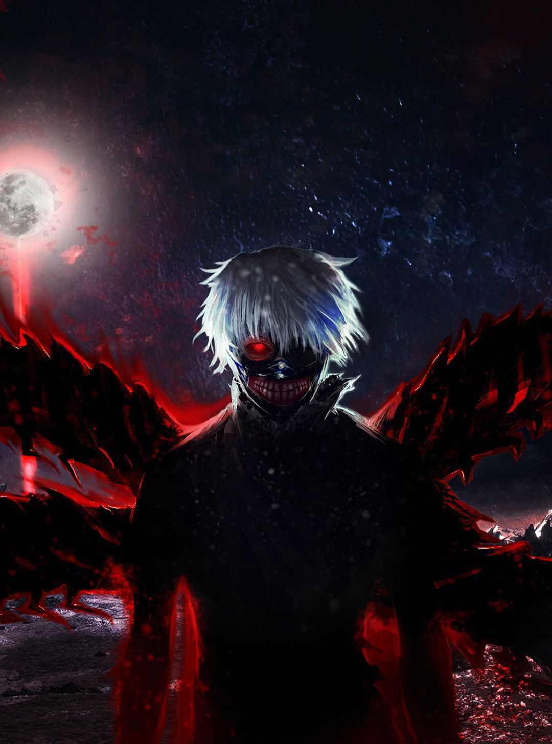 A man with black hair and red wings in front of the moon - Tokyo Ghoul