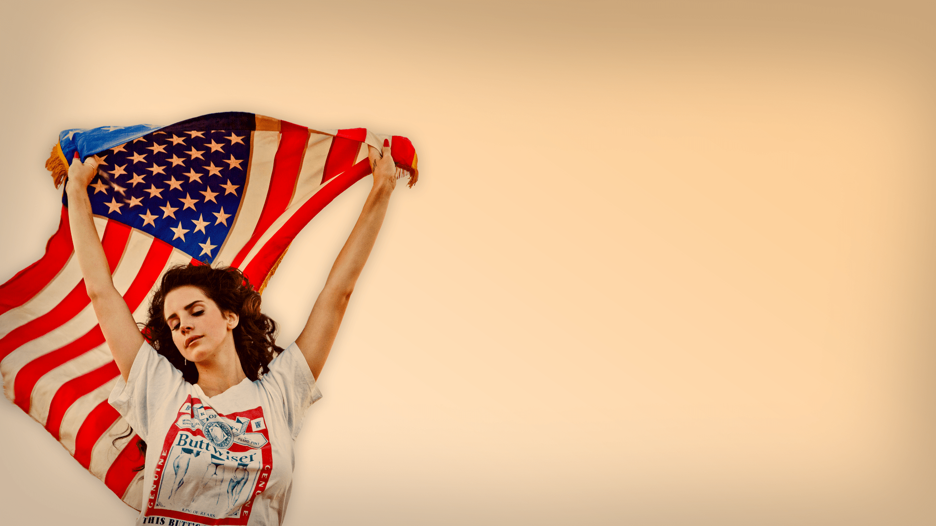 A woman with a flag in front of a white background - Lana Del Rey