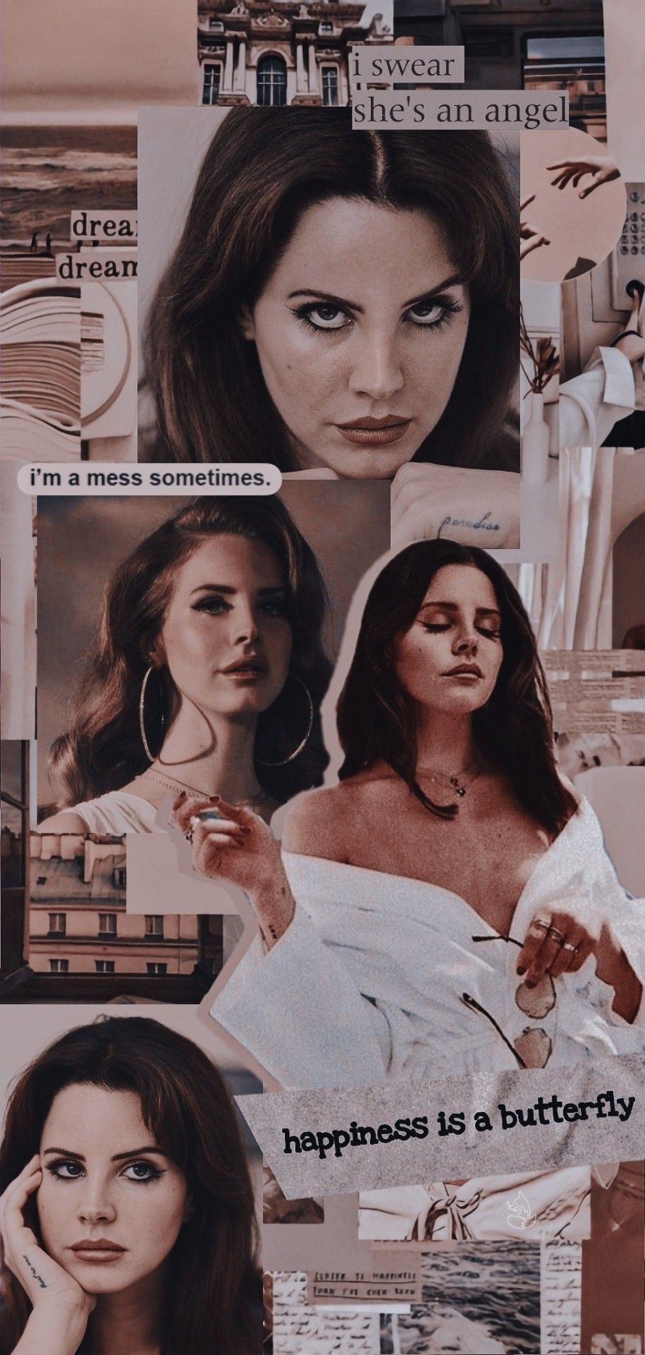Collage of photos of a girl with a butterfly quote - Lana Del Rey