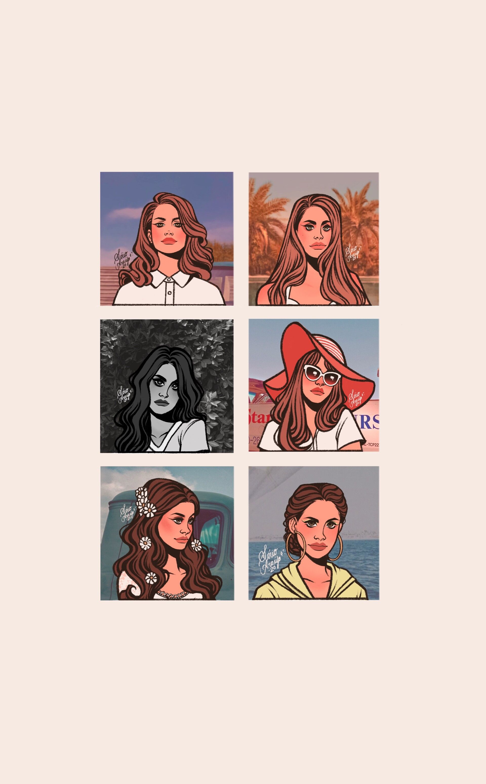 Six different illustrations of the same woman in different outfits and settings - Lana Del Rey
