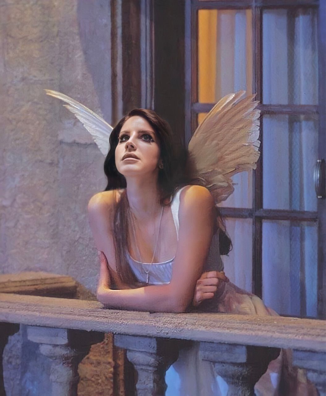 An oil painting of a woman with wings looking out of a window - Lana Del Rey