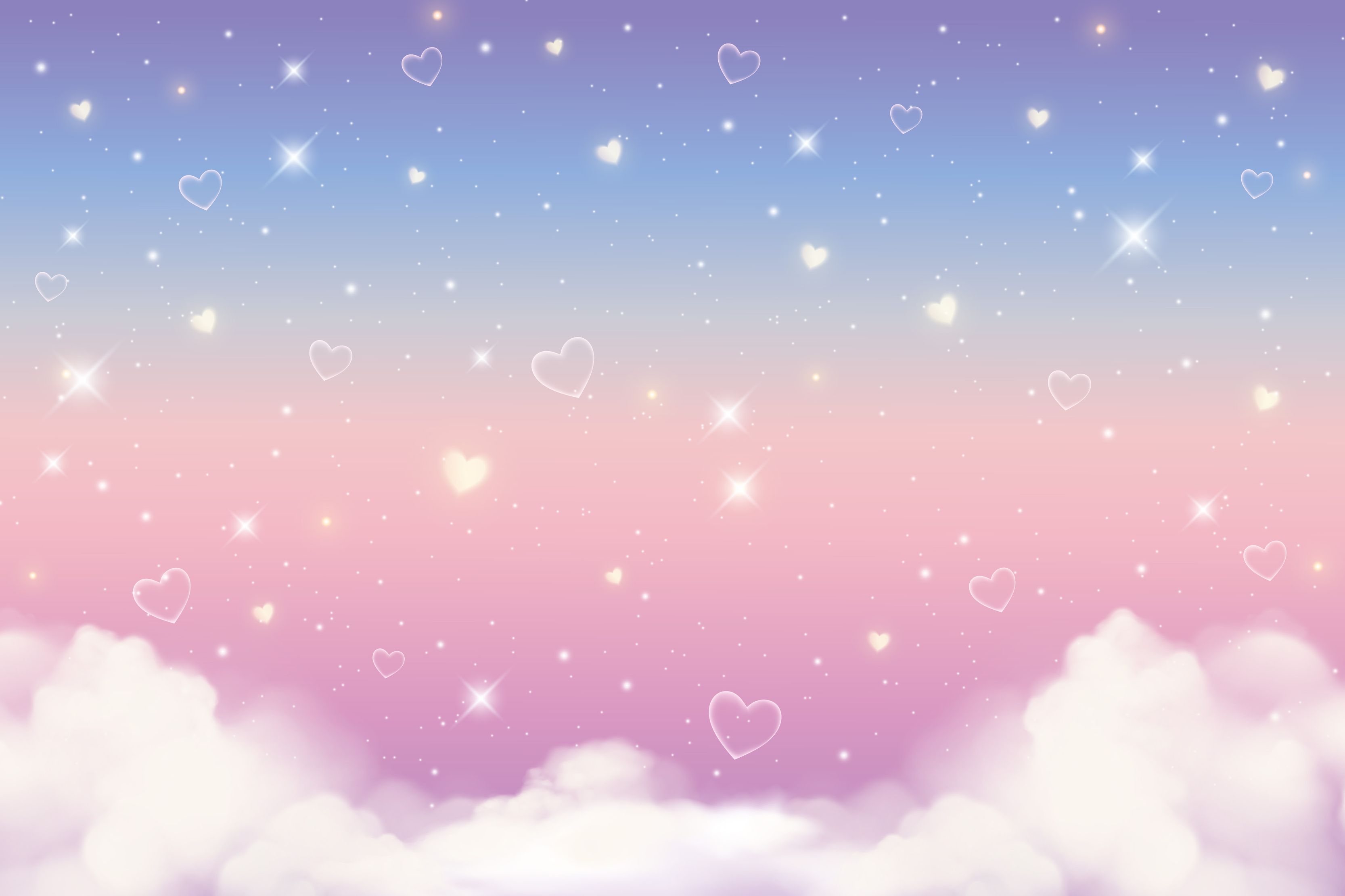 A sky with clouds and floating heart shaped lights - Pastel rainbow, magic