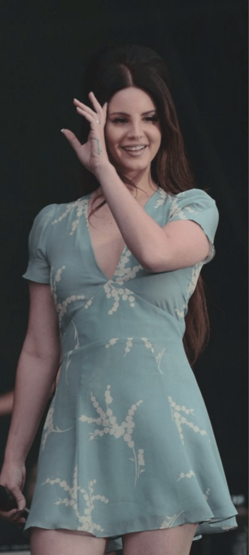 A woman in a blue dress waves to the crowd. - Lana Del Rey