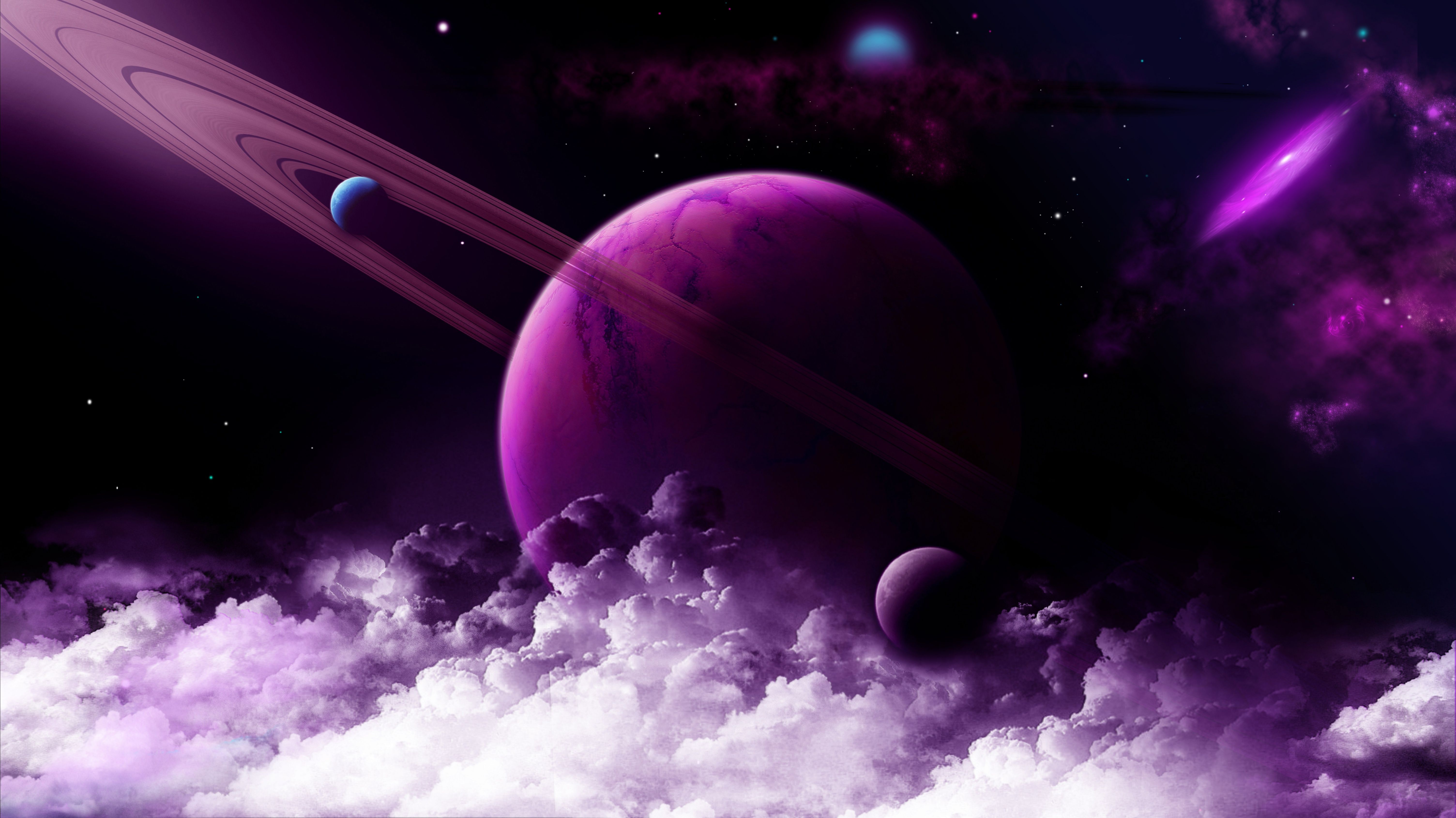 A purple planet with a ring system and two smaller planets. - Saturn, space, planet, galaxy