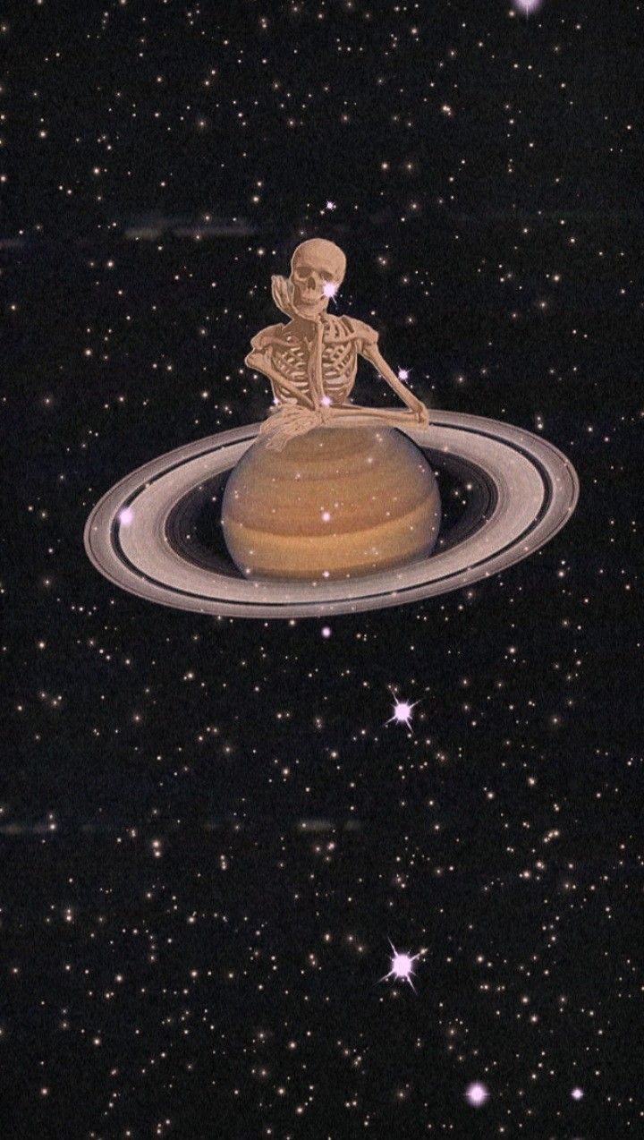 Skeleton sitting on a planet in space - Saturn