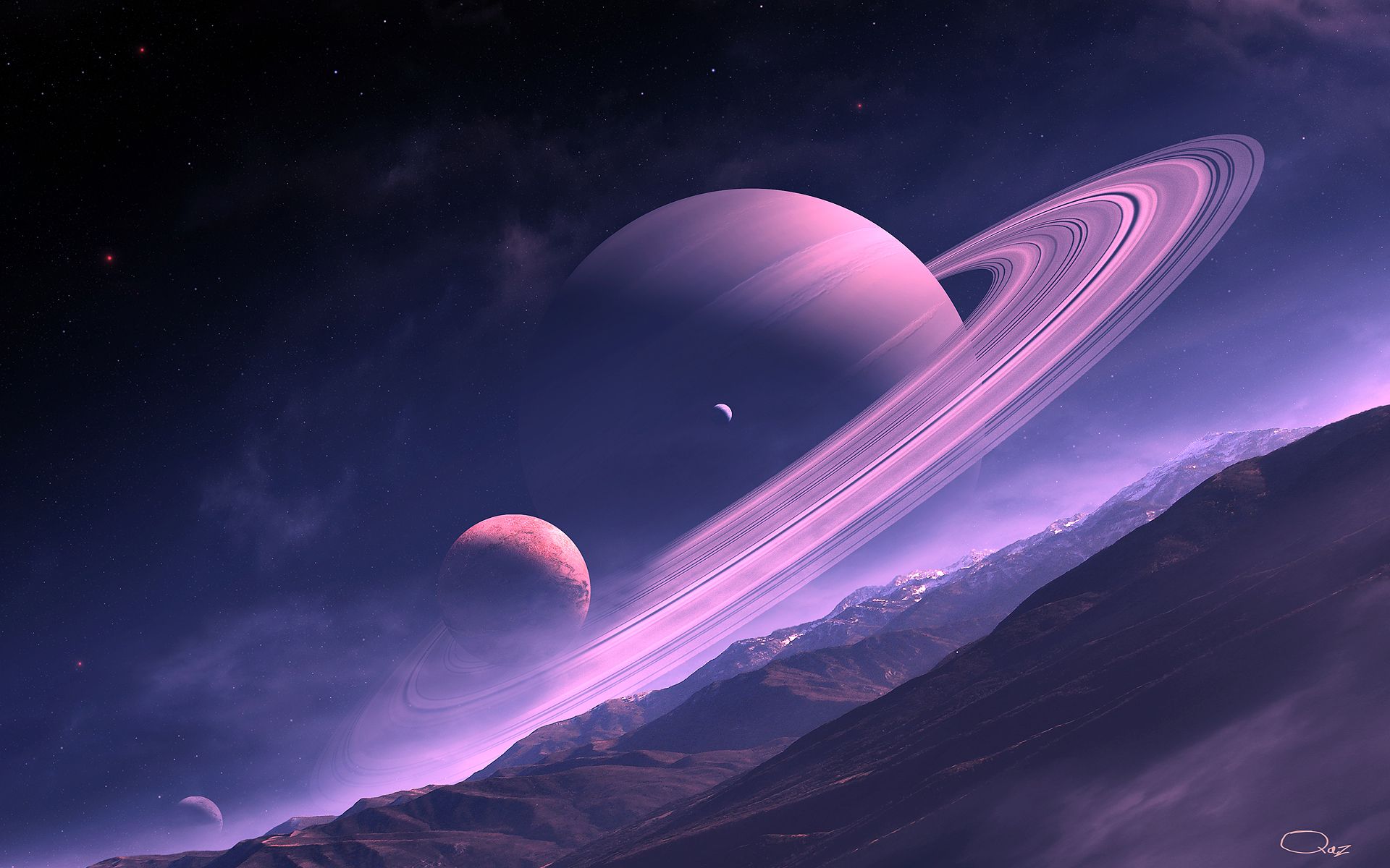 A purple planet with two moons in the sky - Saturn
