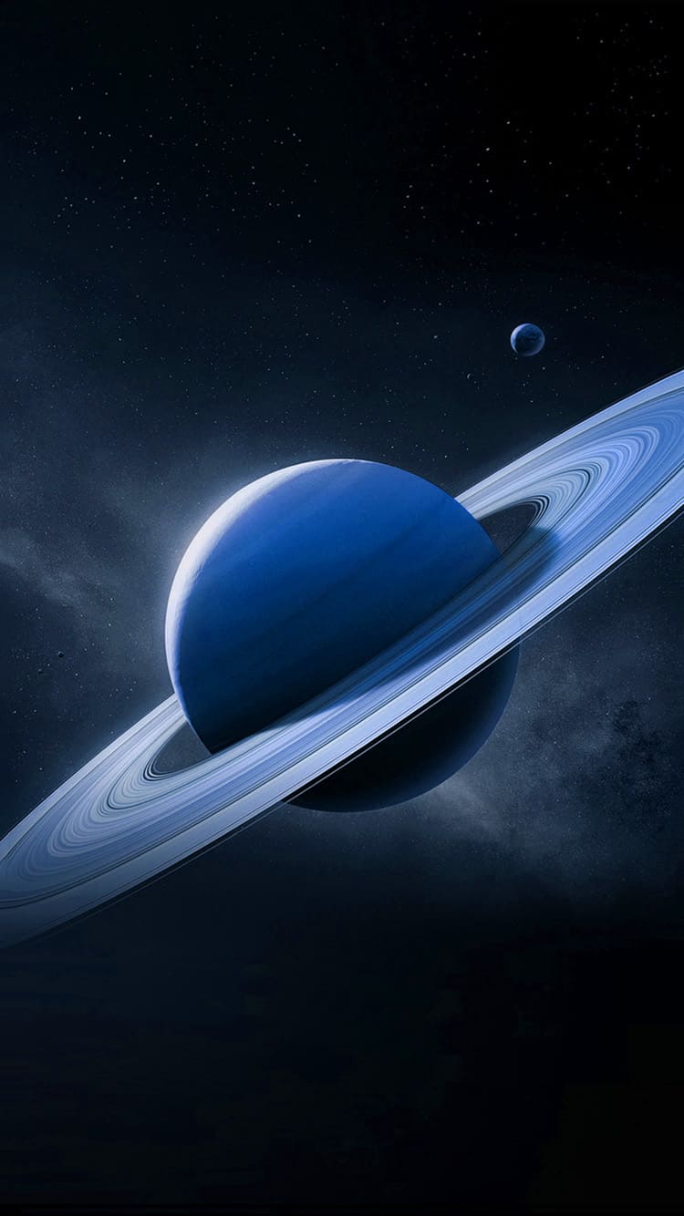 A wallpaper of a planet with a blue and white ring around it - Saturn