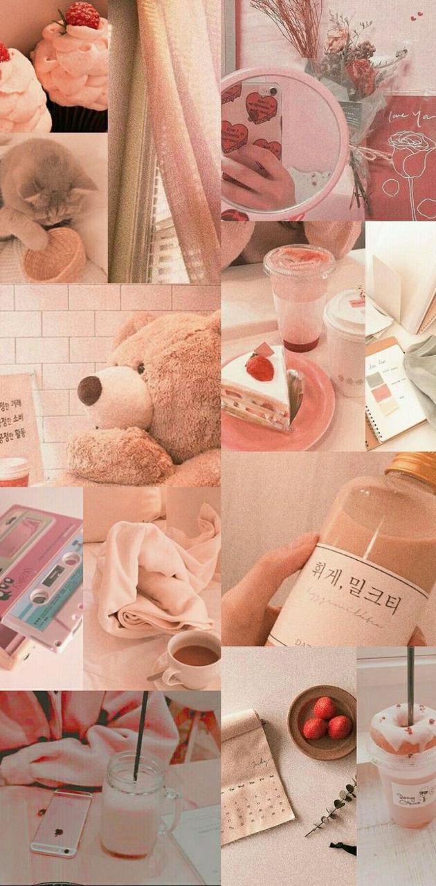 Aesthetic collage of pink food, drinks, and items. - Teddy bear