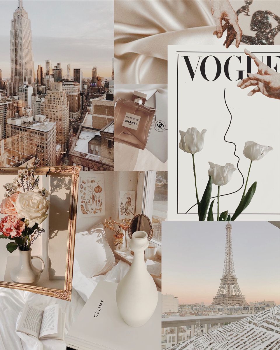 A collage of photos including a vase, a book, a magazine, a cityscape, and a photo of the Eiffel Tower. - Vogue