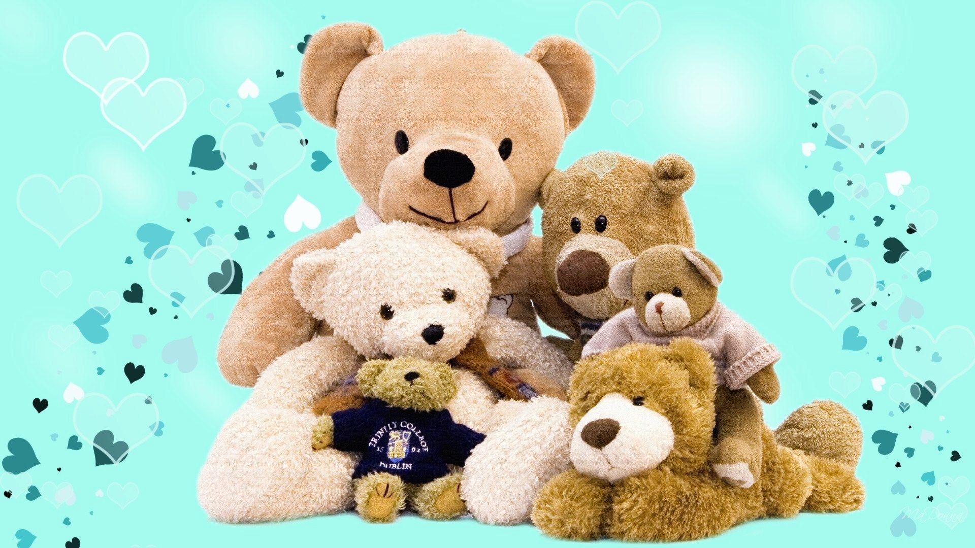 A pile of stuffed teddy bears on a blue background with white and blue hearts. - Teddy bear